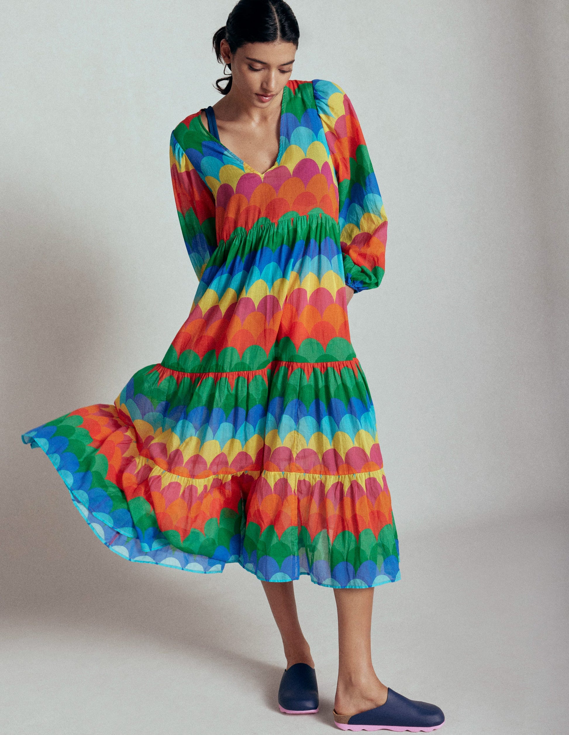 Gestufter Baumwollkaftan mit V-Ausschnitt-Bunt, Muschel-Streifen-3