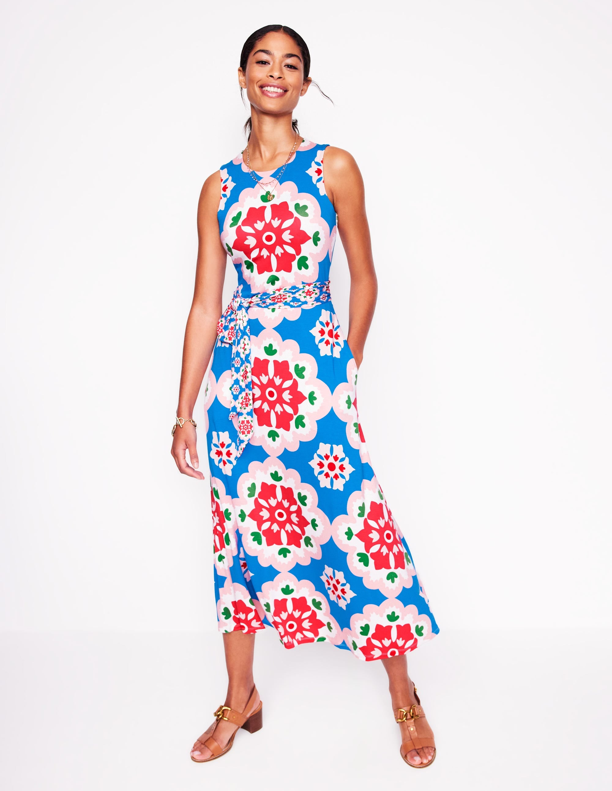Trapezkleid mit befestigtem Bindegürtel-Himmelblau, Geometrische Blüten - Image 1