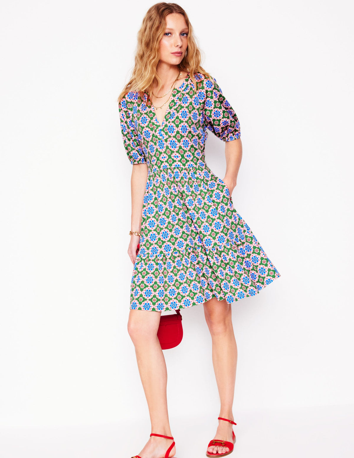 Robe courte Piper en jersey-Vert iguane, motif Bloom Geo-4