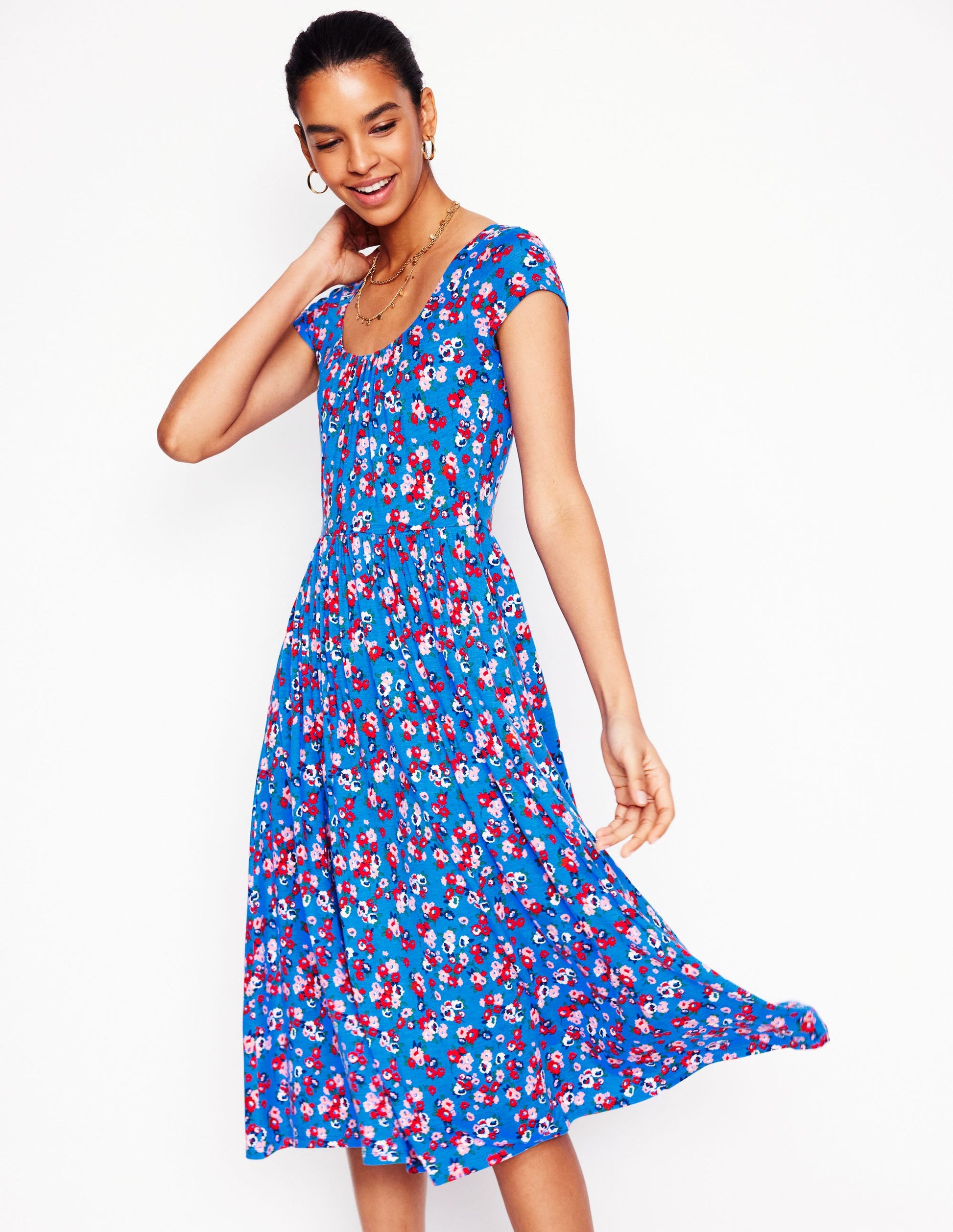 Samantha Jerseykleid mit tiefem Rundhalsausschnitt-Himmelblau, Kleiner Blumenstrauß-1
