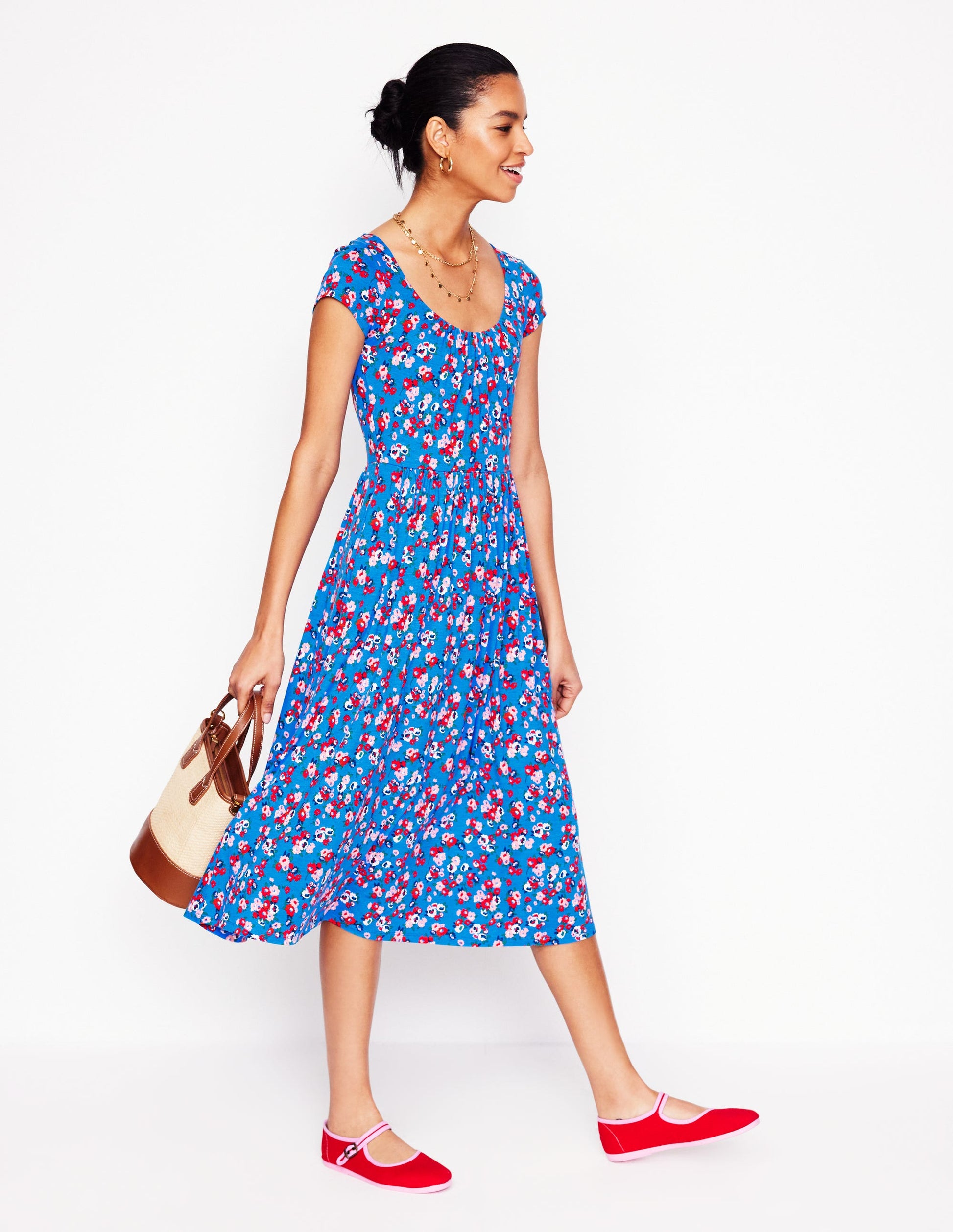 Samantha Jerseykleid mit tiefem Rundhalsausschnitt-Himmelblau, Kleiner Blumenstrauß-5