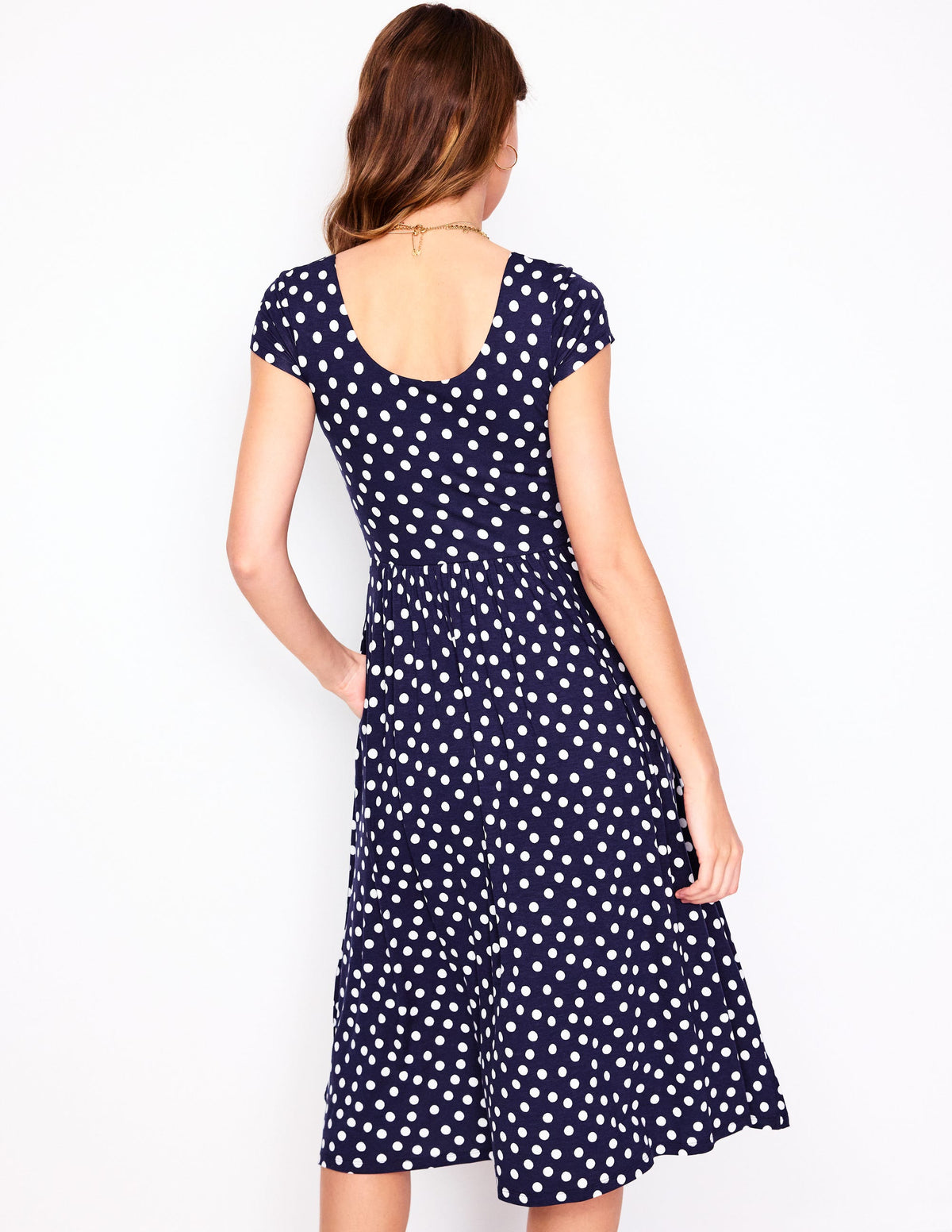 Robe en jersey Samantha à col en U-Bleu marine foncé, pois peints-3