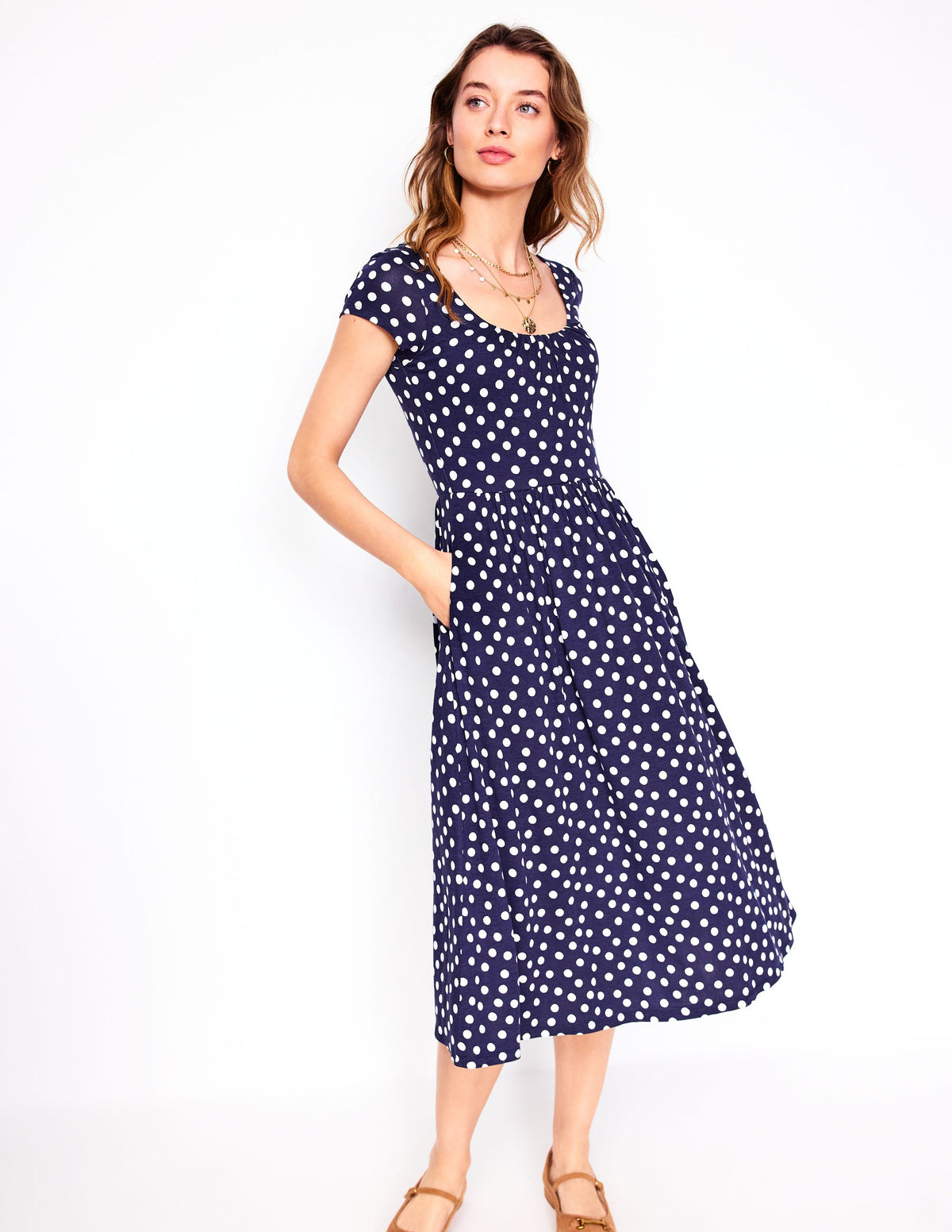 Robe en jersey Samantha à col en U-Bleu marine foncé, pois peints-4