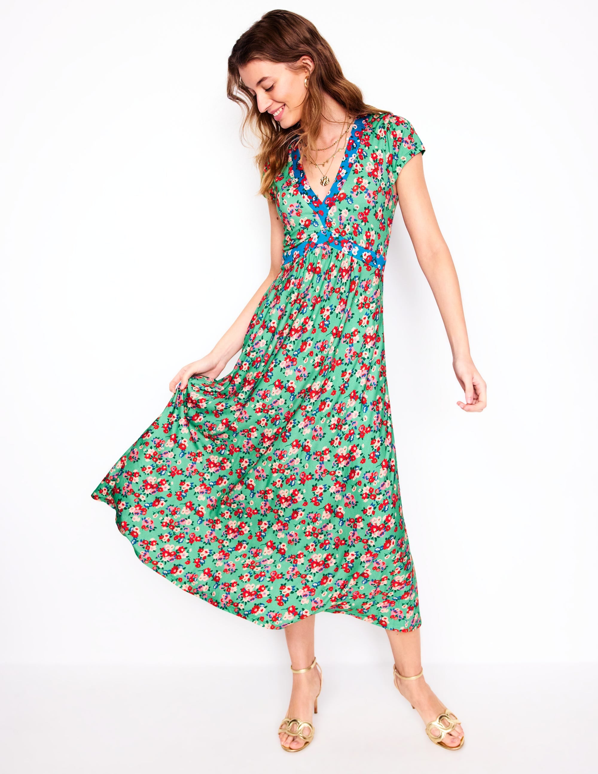Jersey-Midikleid mit schrägem Rock-Jade, Kleiner Blumenstrauß - Image 4