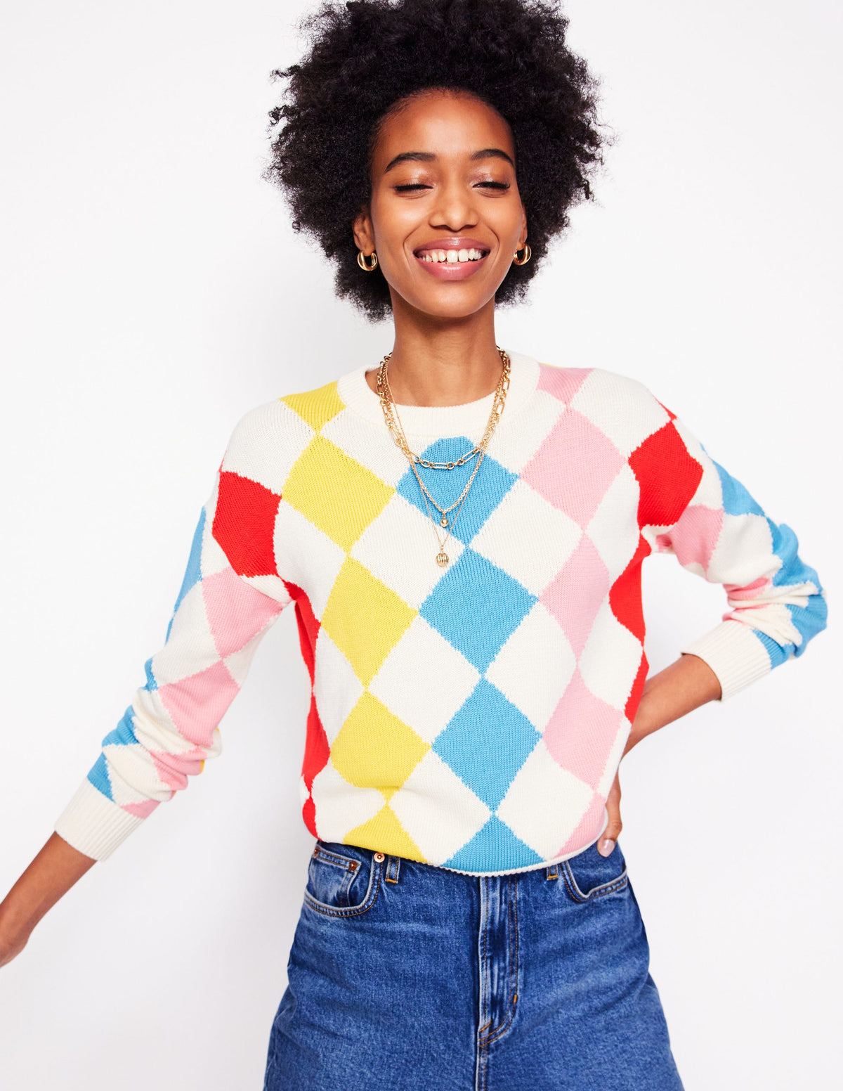 Argyle-Pullover aus Baumwolle-Rosa, Hellblau Argyle-1