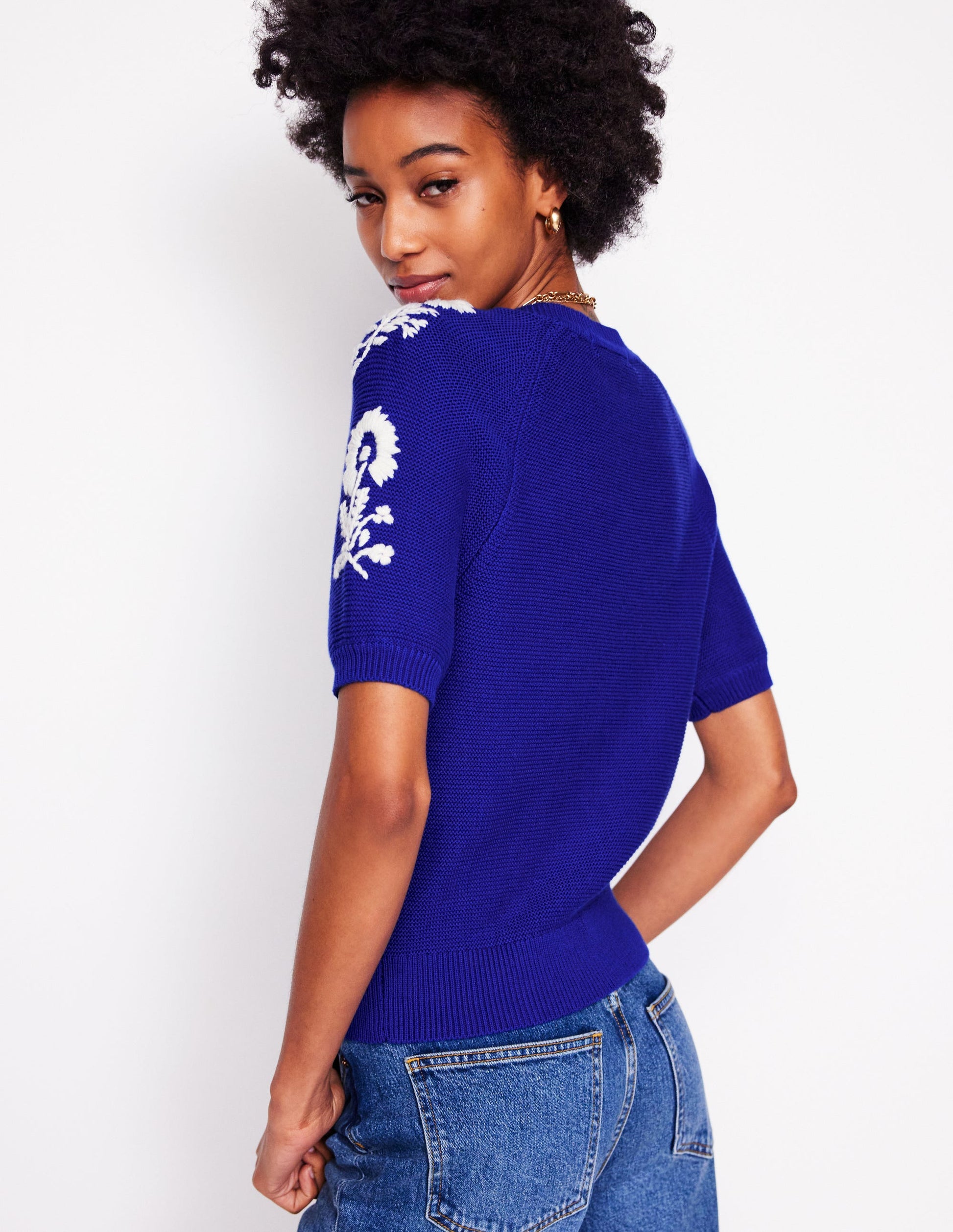 Bestickte Strickjacke mit kurzen Ärmeln-Leuchtendes Blau, Blumen-4