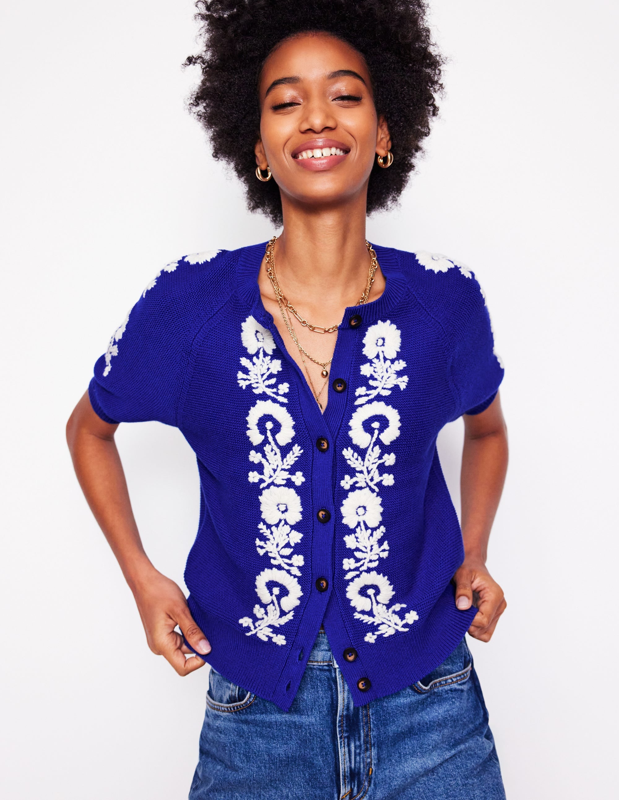 Bestickte Strickjacke mit kurzen Ärmeln-Leuchtendes Blau, Blumen - Image 5