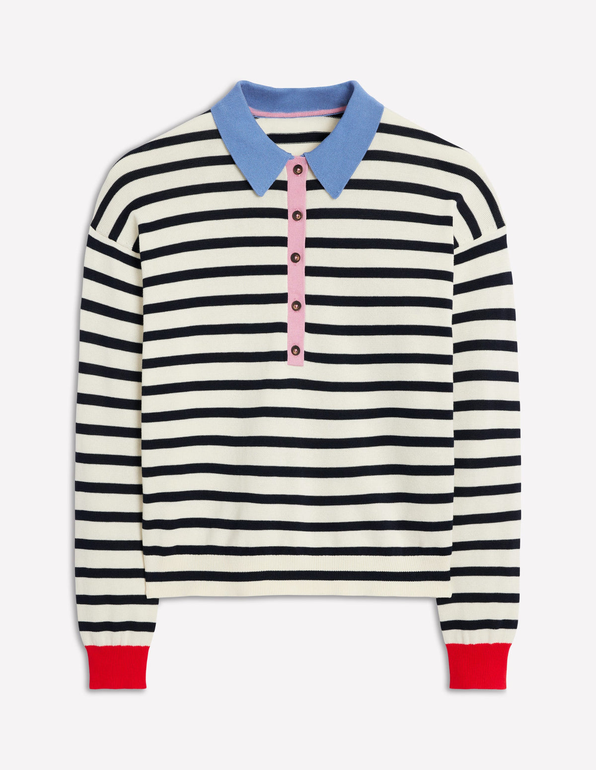Lara Cotton Henley Jumper-Navy, Warm Ivory Stripe - Image 4