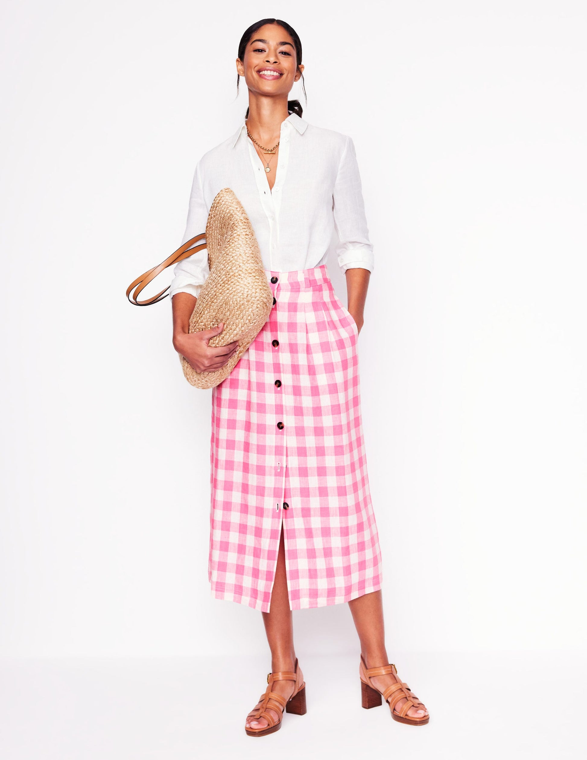 Jupe midi Thomasina en lin-Vichy Rose-1