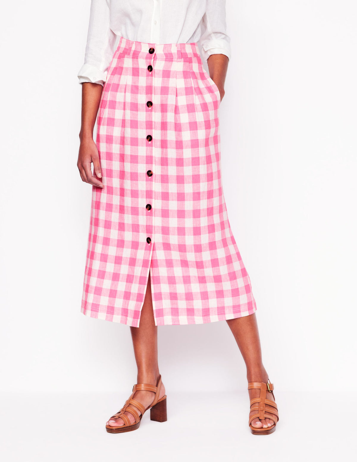 Jupe midi Thomasina en lin-Vichy Rose-5