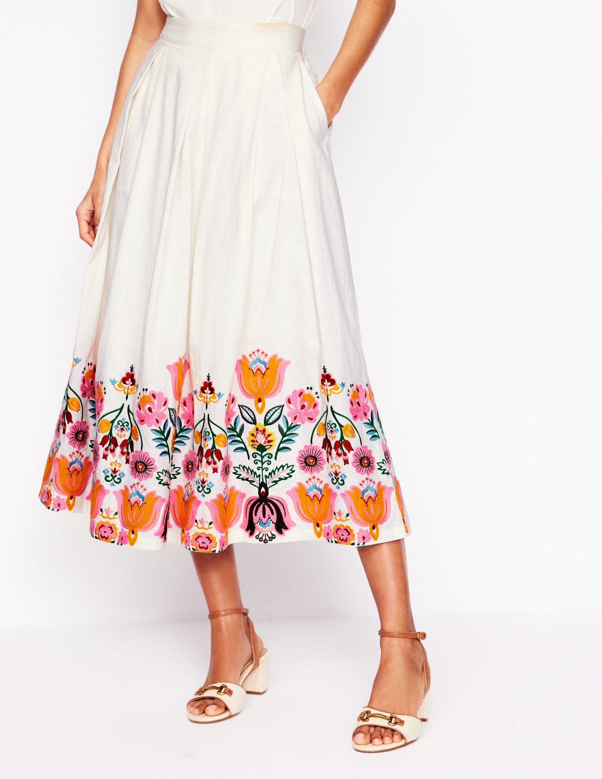 Verity Leinenrock mit Stickerei-Ivory and Navy Spot-4