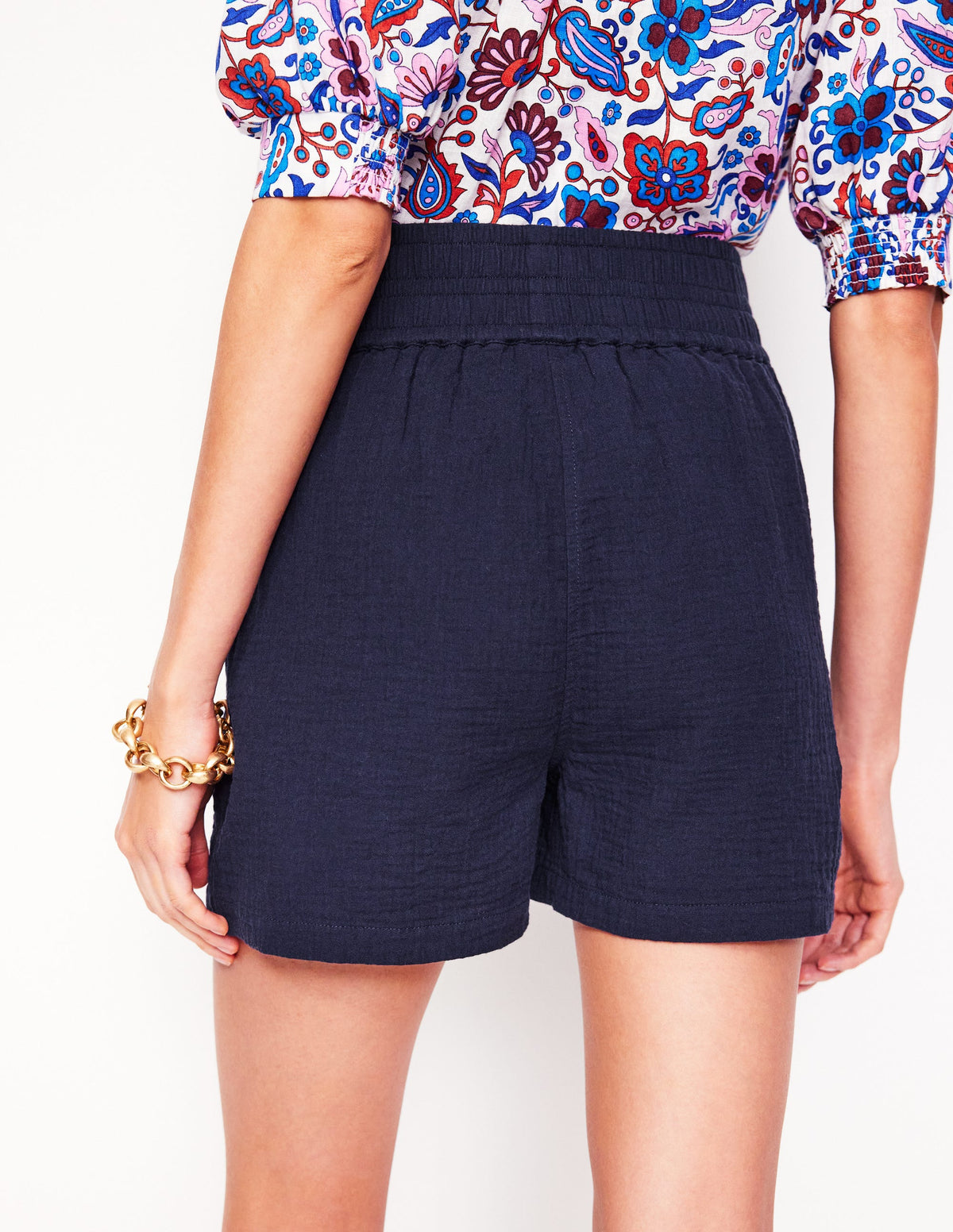 Short double-étoffe à smocks-Bleu Marine - Image 3