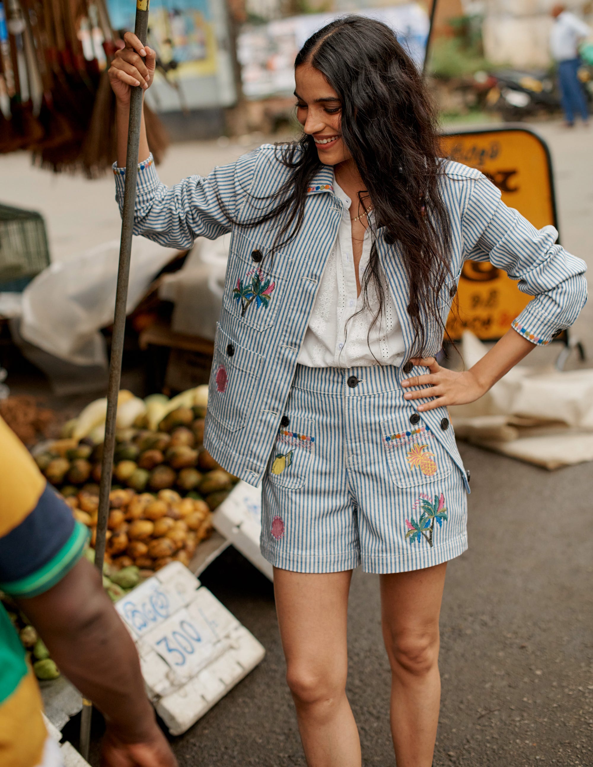 Pocket Front Denim Shorts-Ticking Stripe Embroidery - Image 6