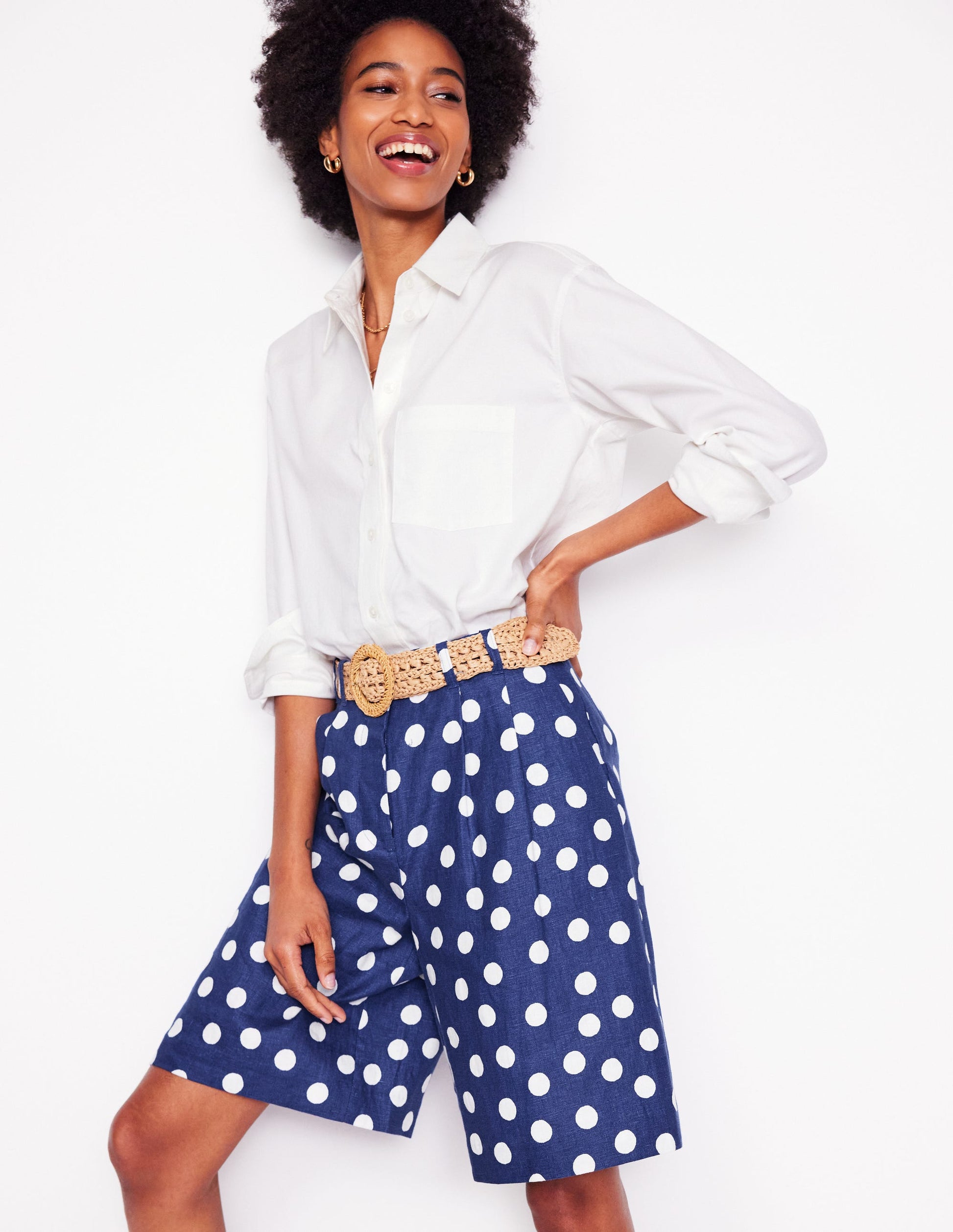 Short large plissé en lin-Pois peints bleu marine-1