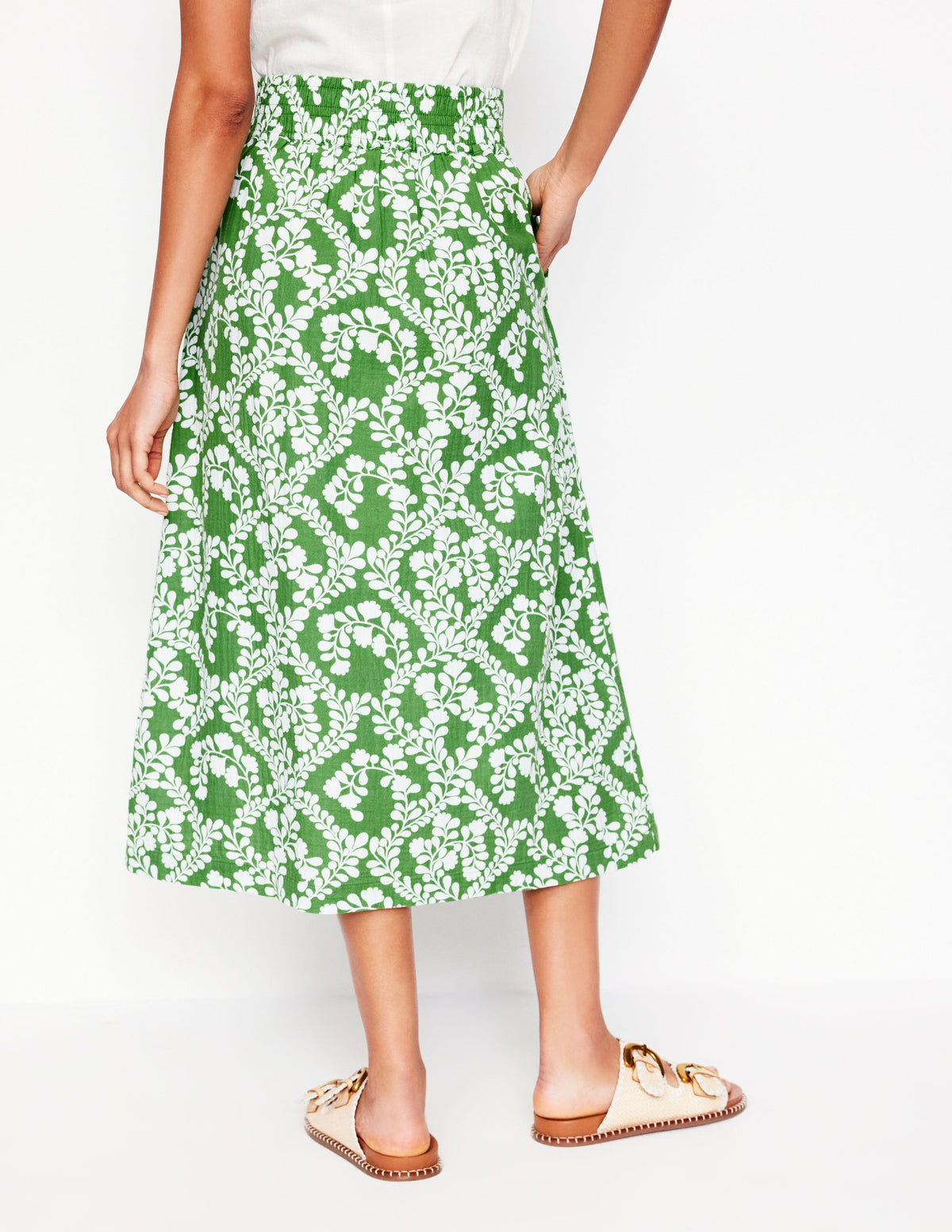 Jupe smockée en double-étoffe-Vert paradis, motif Vine Silhouette-3