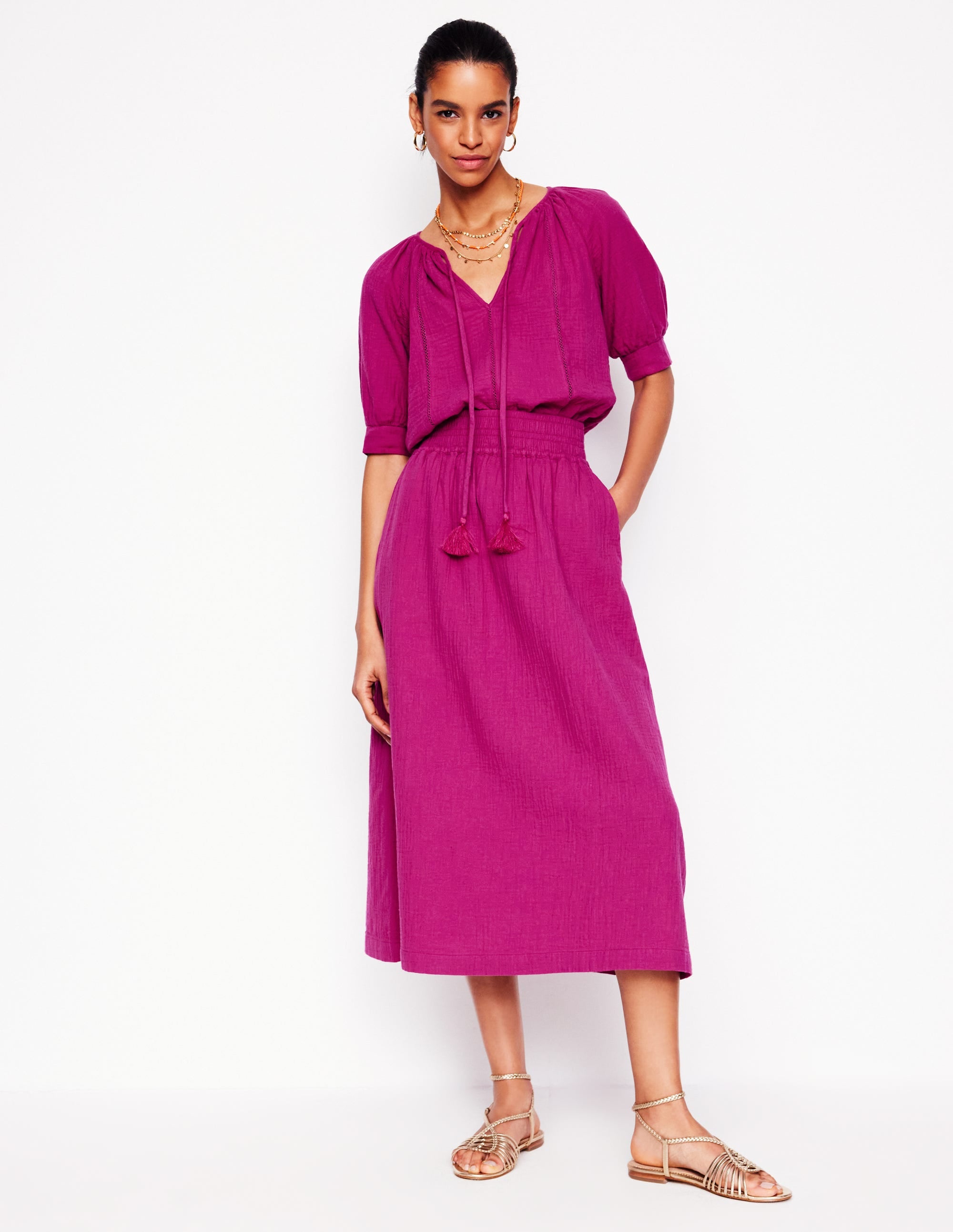 Jupe smockée en double-étoffe-Fuchsia - Image 1