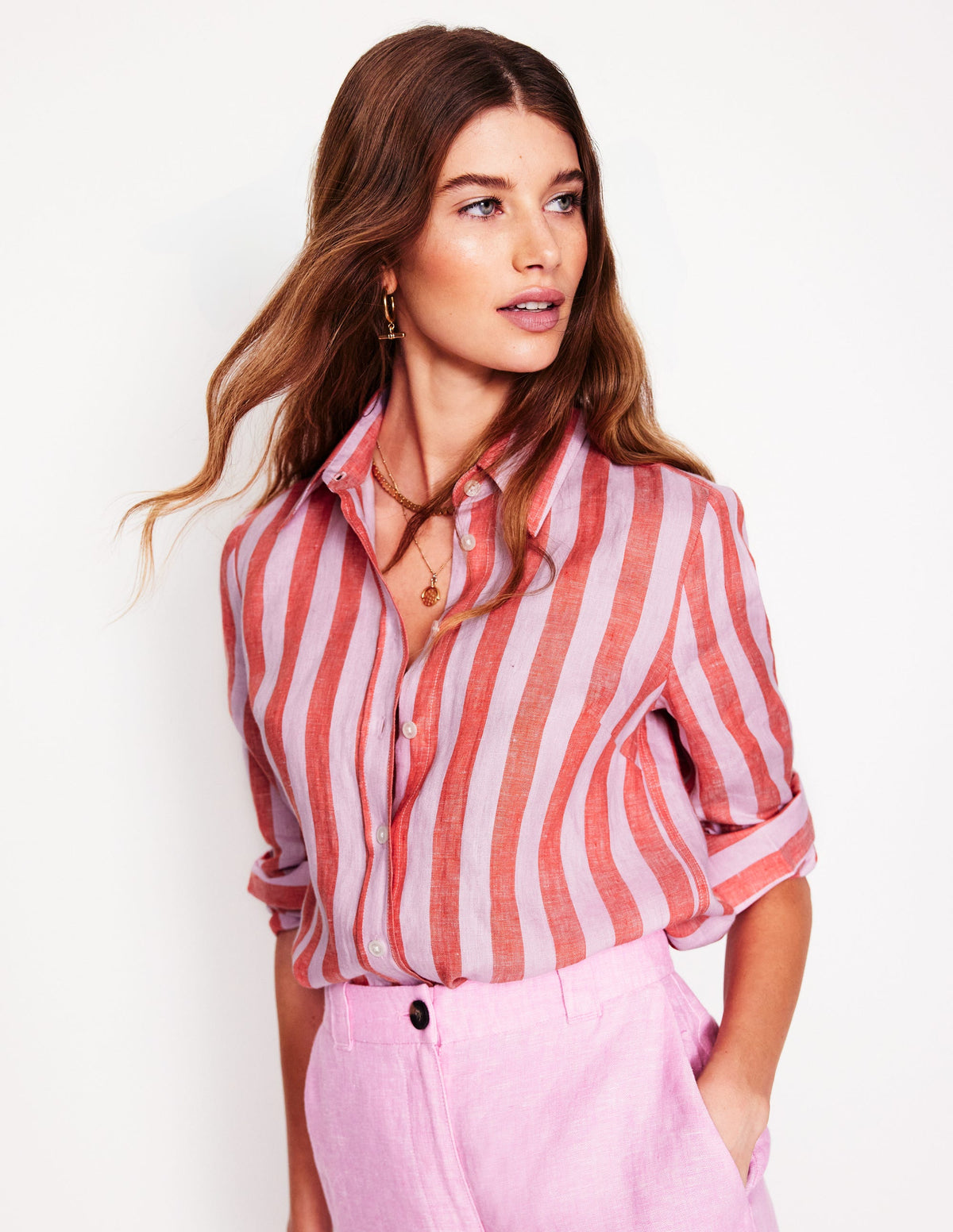 Sienna Leinenhemd-Knallrot und Rosa Streifen - Image 1