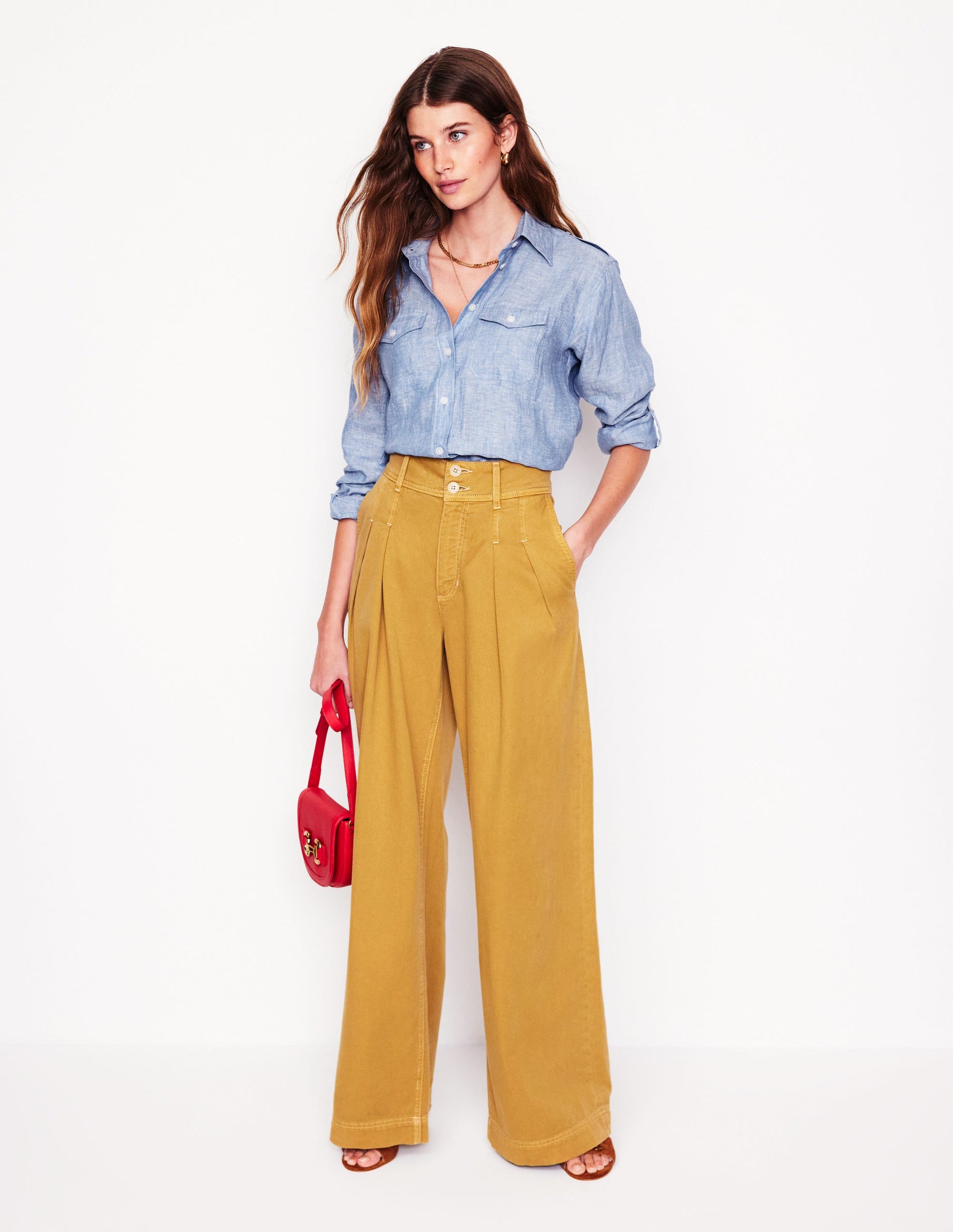 Chemise de safari longue en lin-Bleu chambray-1