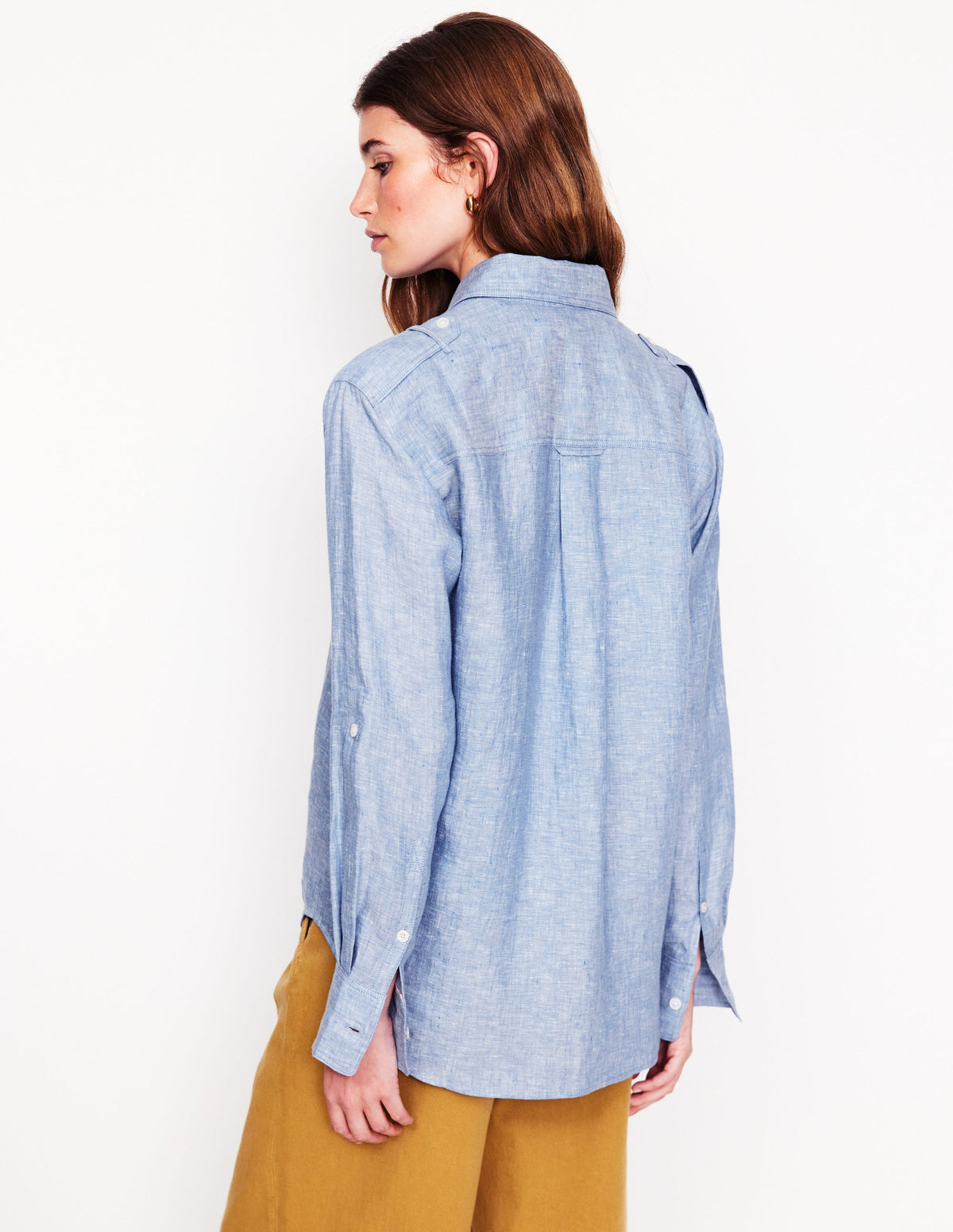 Chemise de safari longue en lin-Bleu chambray-3