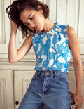 Top Sophie en lin à volants-Bleu céruléen, motif Paisley Whirl