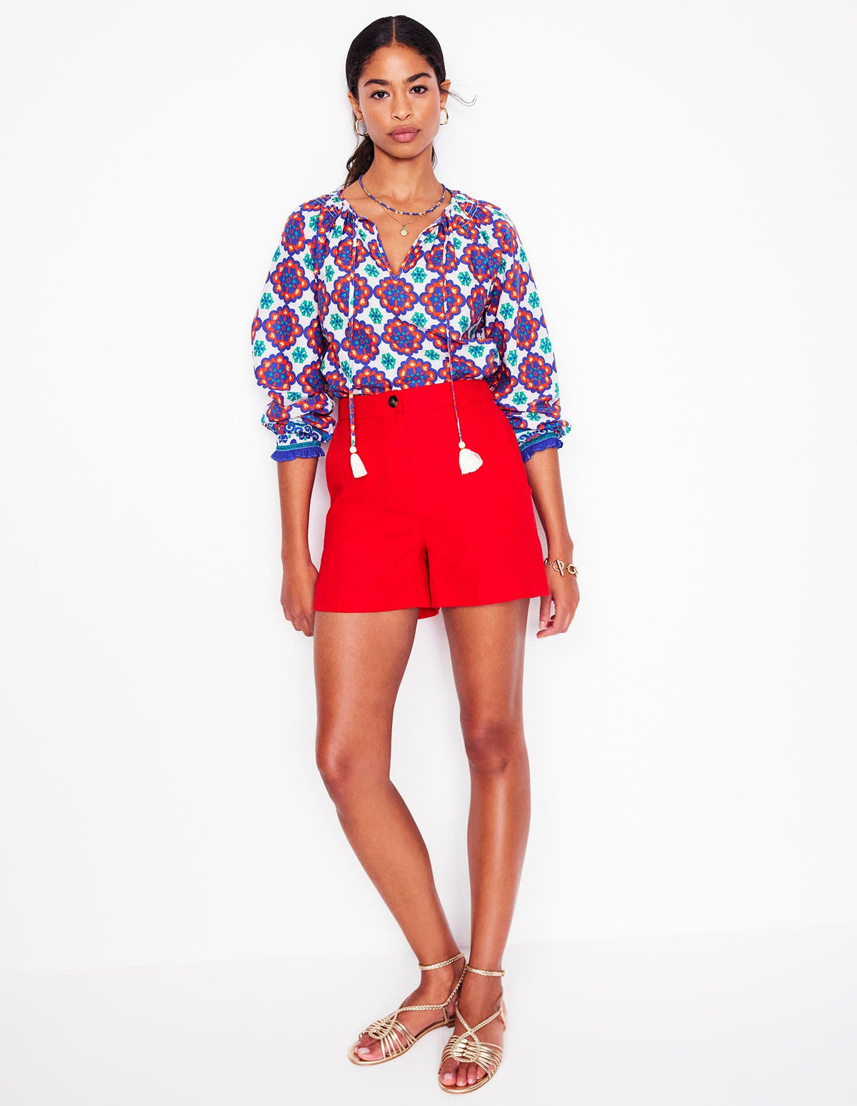 Blouse décontractée en coton-Bleu vif, motif Bloom Geo-3