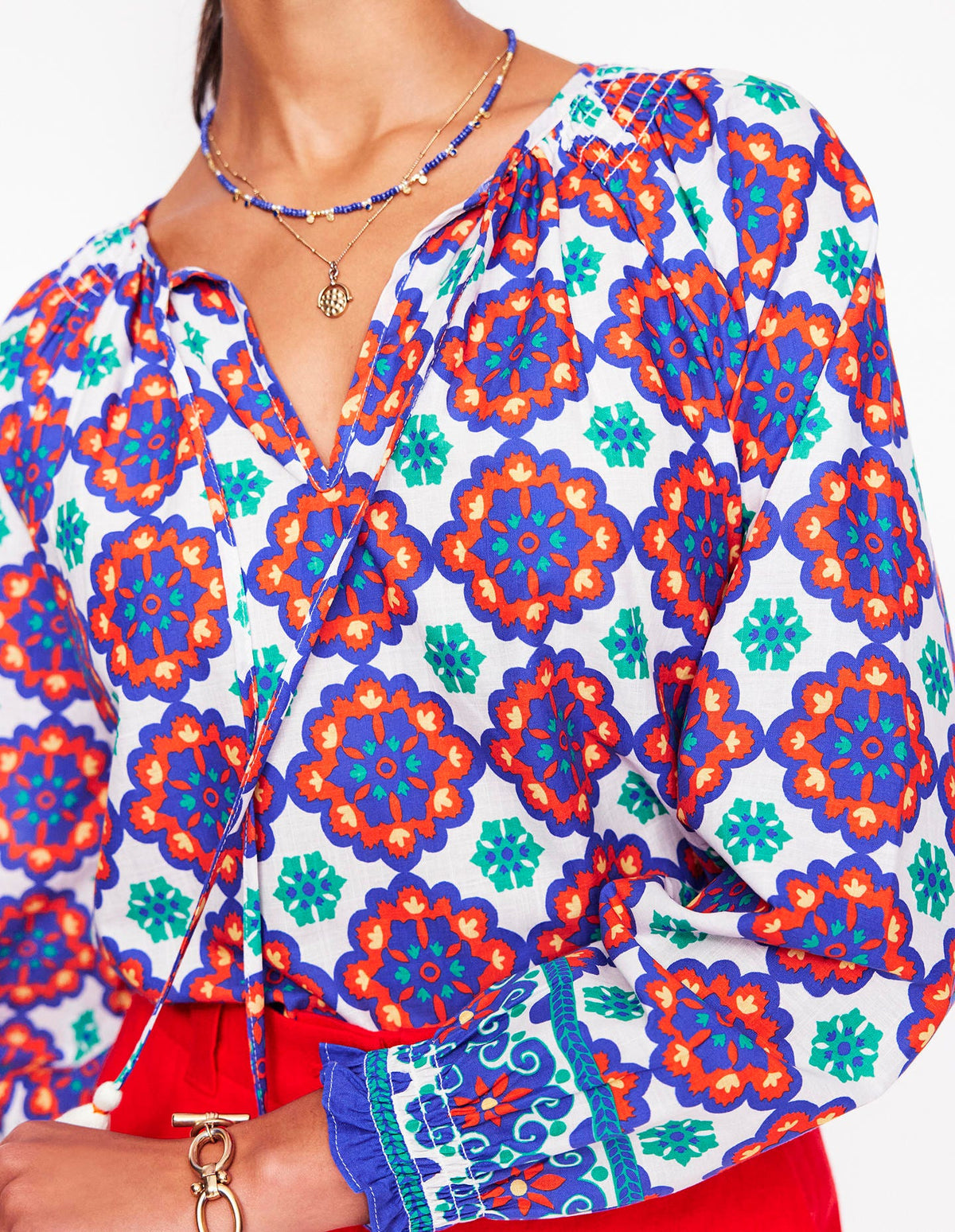 Blouse décontractée en coton-Bleu vif, motif Bloom Geo-4