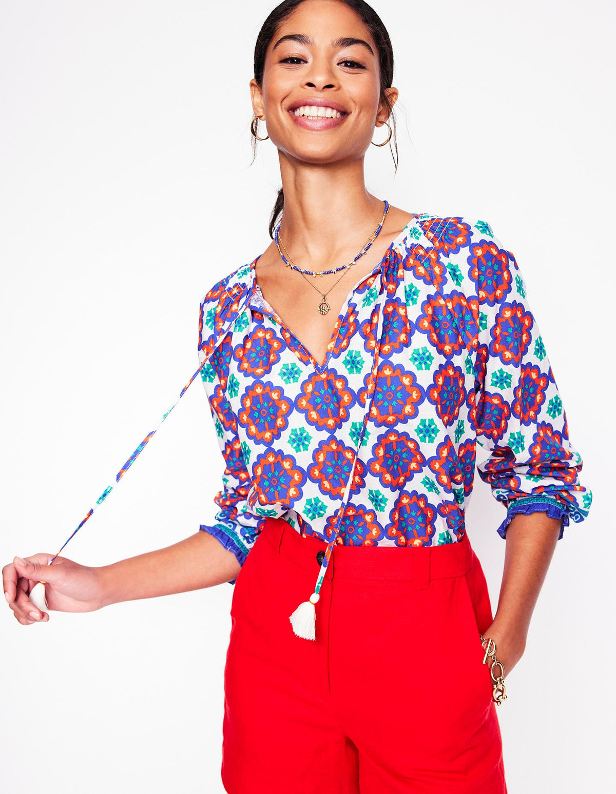 Blouse décontractée en coton-Bleu vif, motif Bloom Geo-6