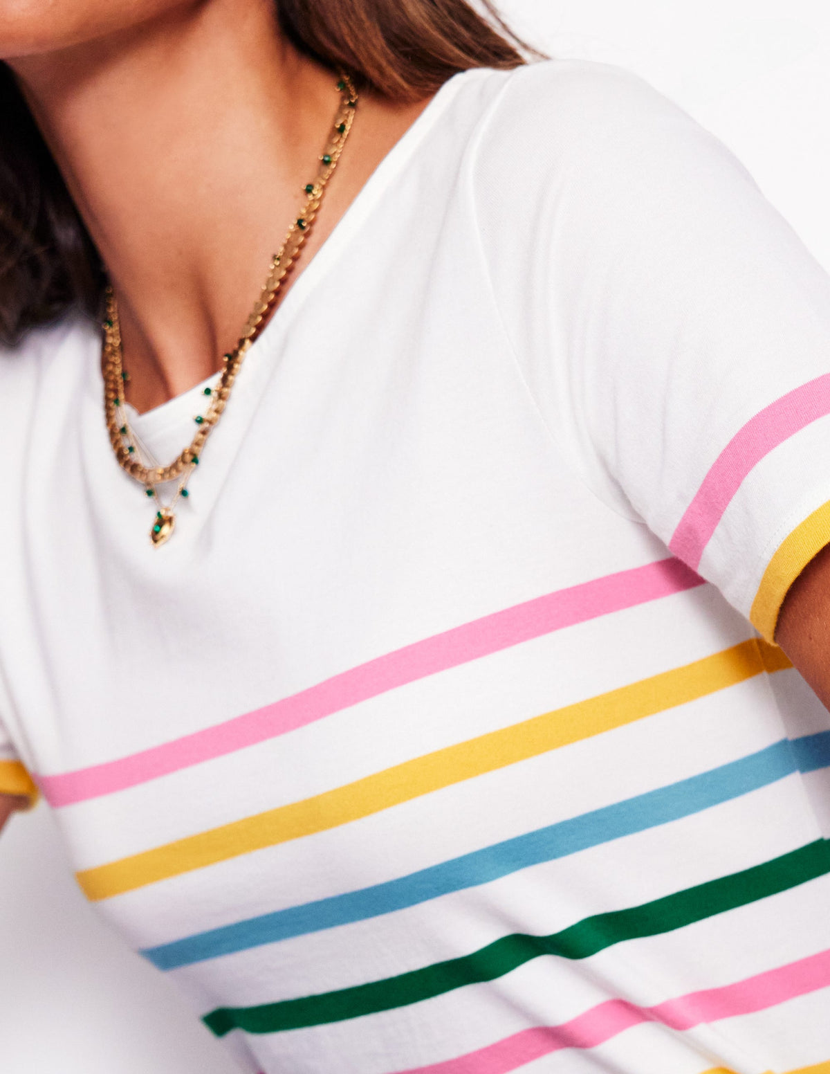 Ella Bretonshirt mit kurzen Ärmeln-Rosa, Gelb Platzierte Streifen-2