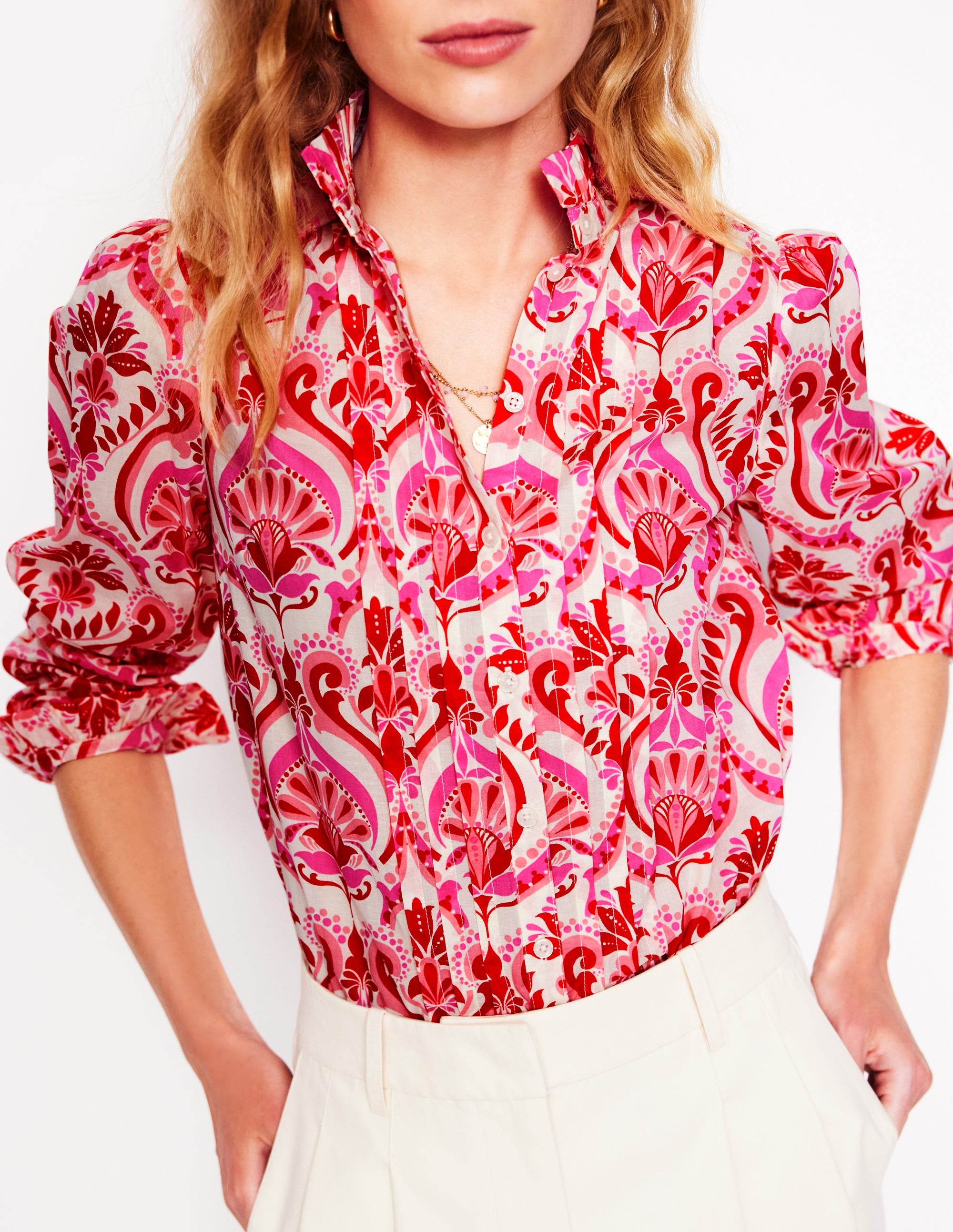 Felicity Baumwollbluse-Mohnblumenrot, Blumenmuster mit Ornamenten - Image 4