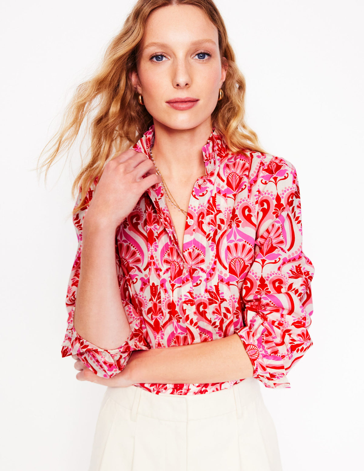 Felicity Baumwollbluse-Mohnblumenrot, Blumenmuster mit Ornamenten - Image 6