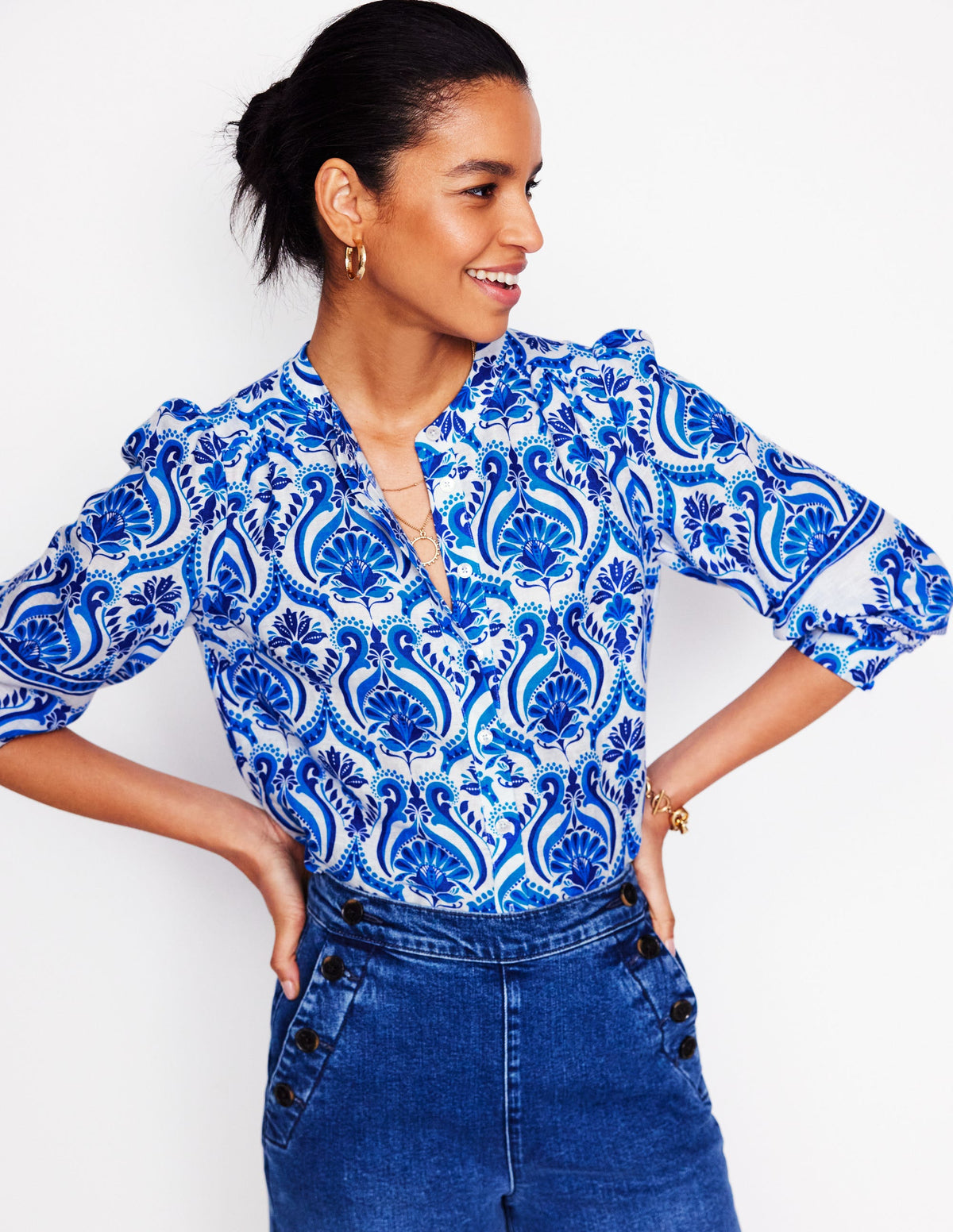 Top Alicia en lin-Bleu, motif Ornamental Floral - Image 3