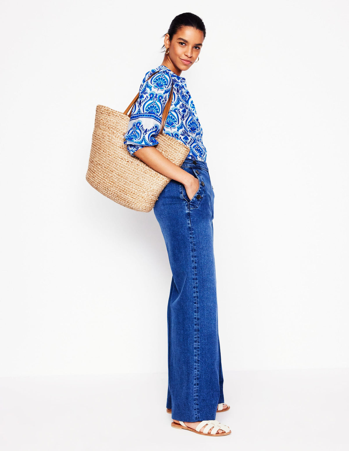 Top Alicia en lin-Bleu, motif Ornamental Floral-6
