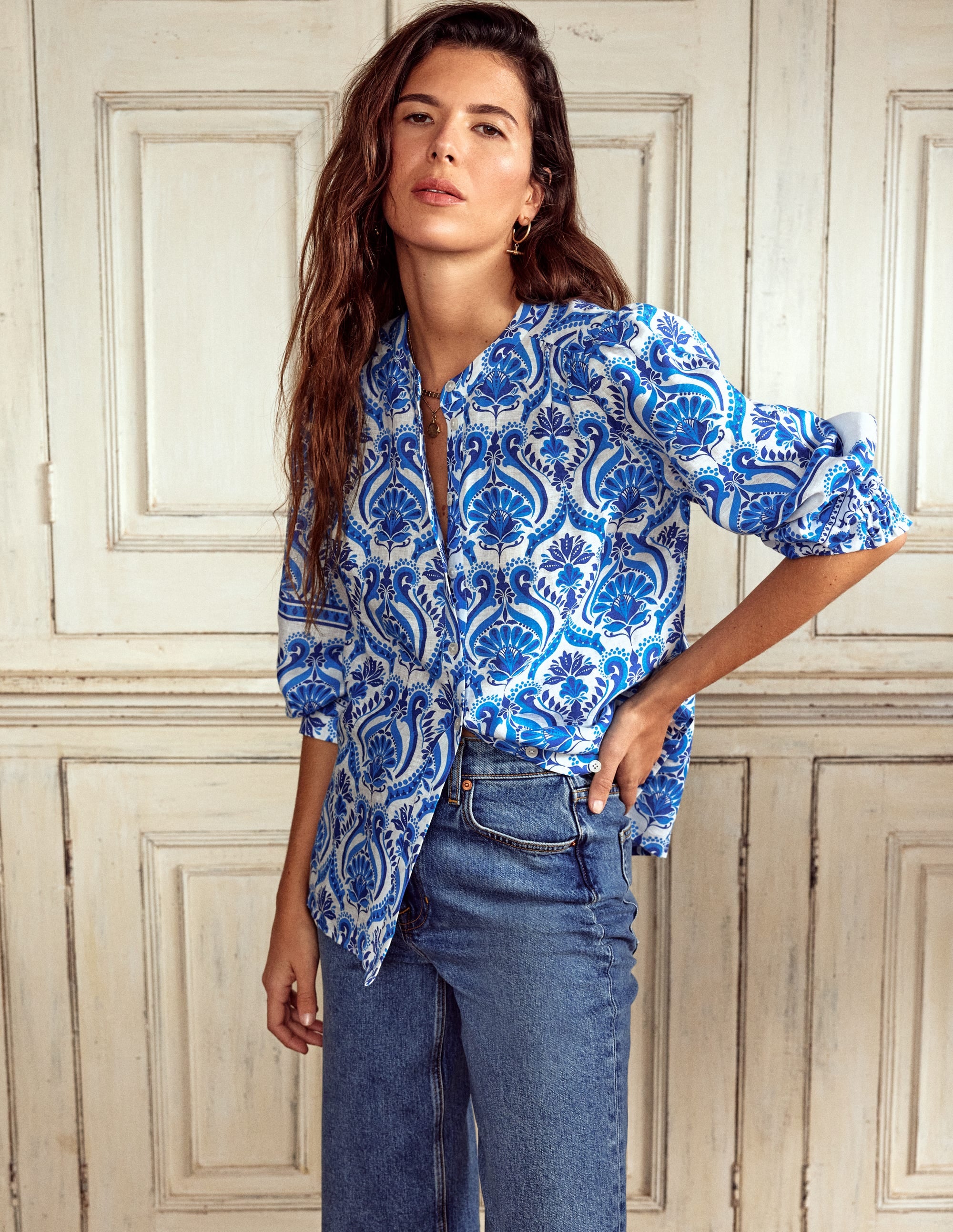 Top Alicia en lin-Bleu, motif Ornamental Floral - Image 1