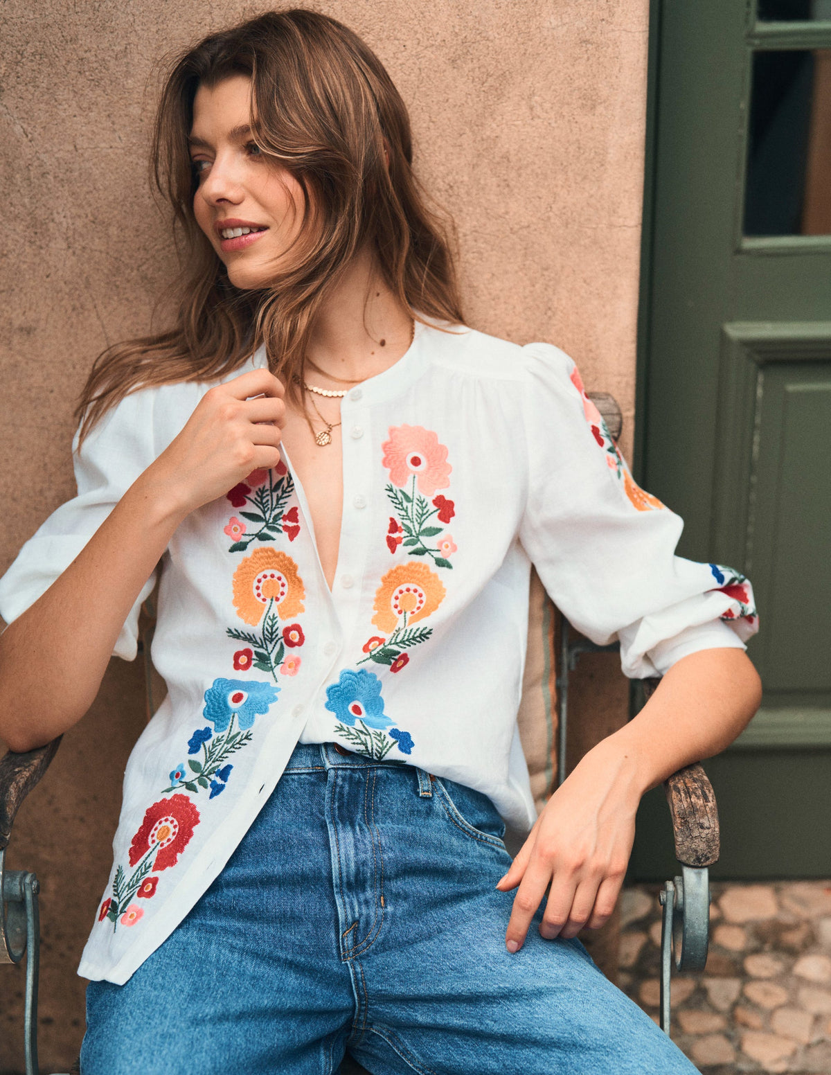 Top Alicia en lin-Blanc, broderie florale-3