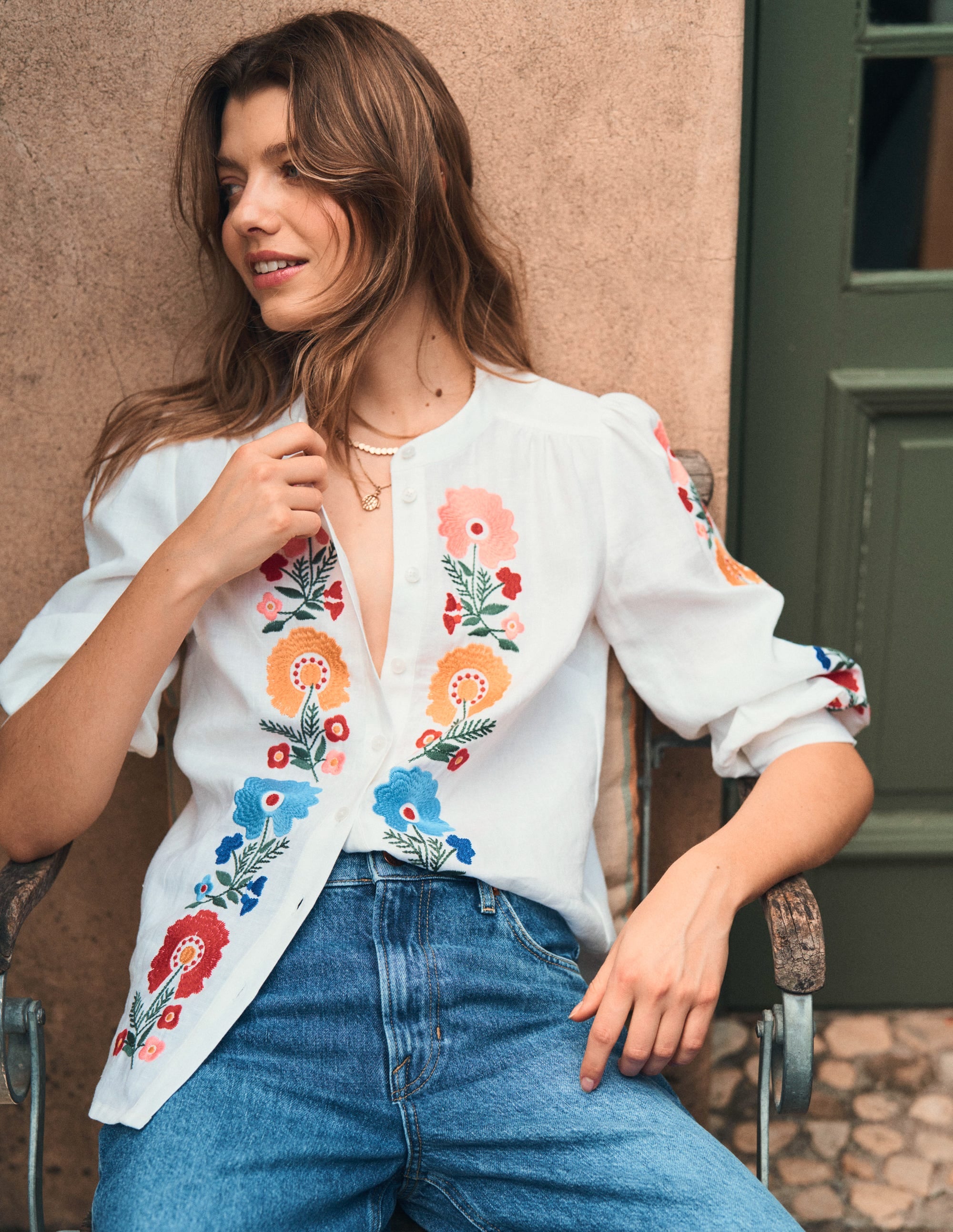 Top Alicia en lin-Blanc, broderie florale - Image 3