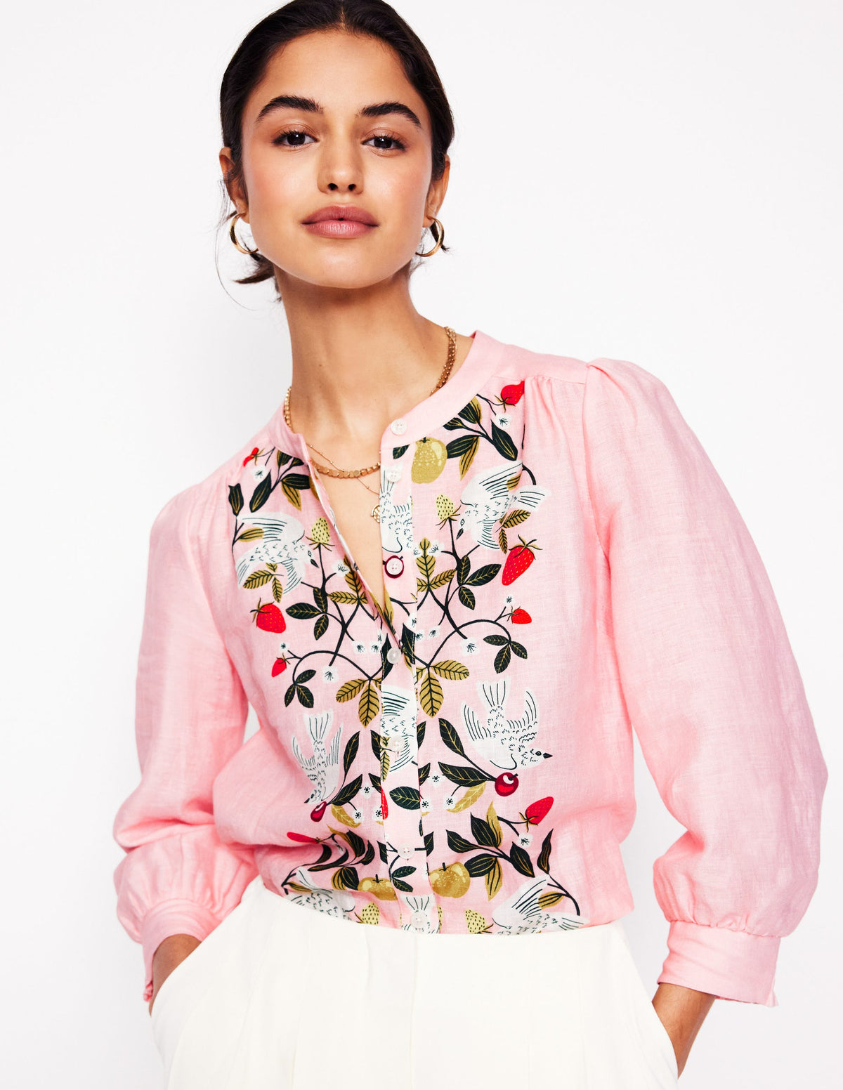 Top Alicia en lin-Rose Provence, motif Bird Paradise - Image 1