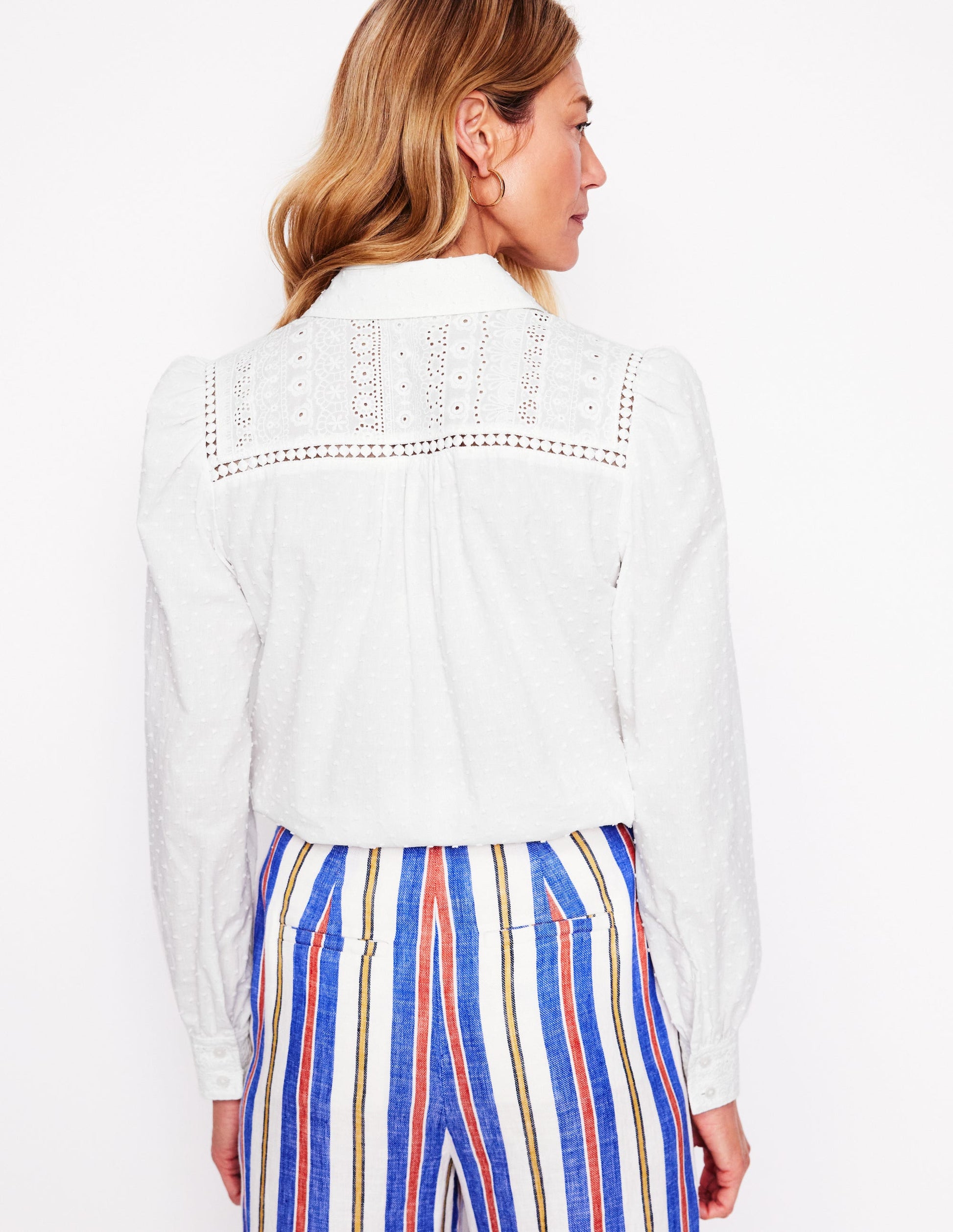 Broderie Contrast Yoke Shirt-White-3