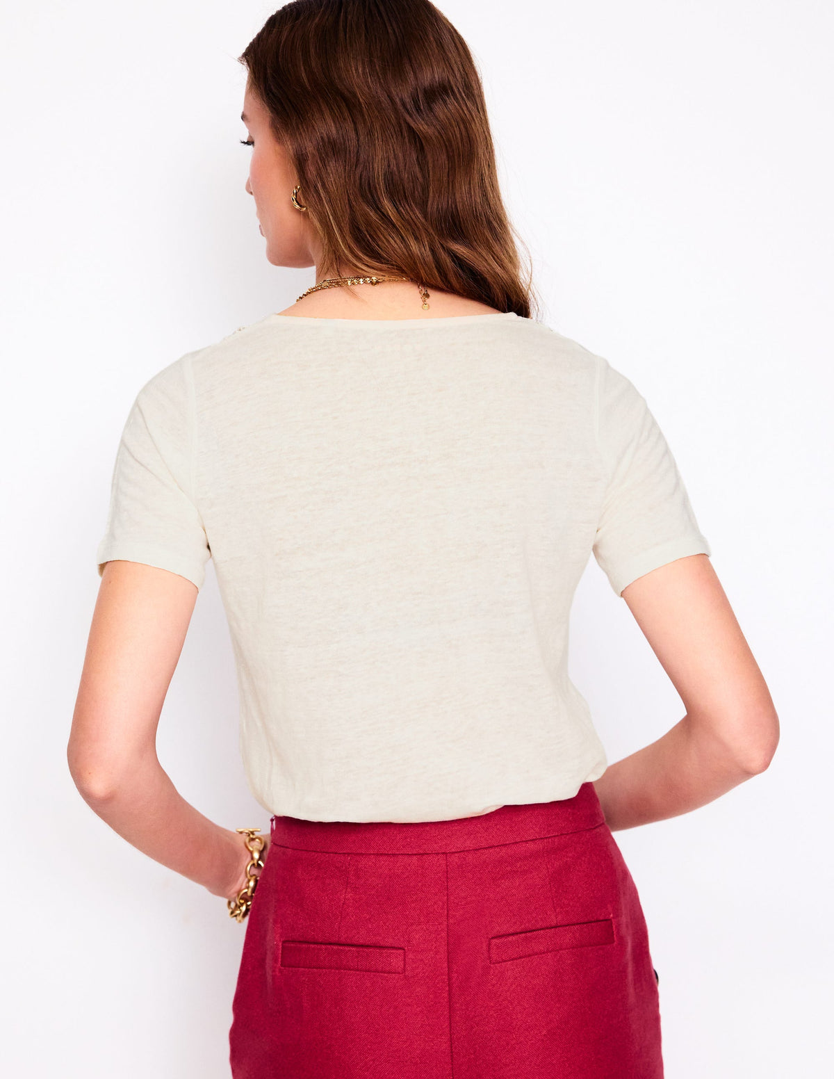 T-Shirt aus Leinen mit Spitzenbesatz-Ivory and Navy Spot-5