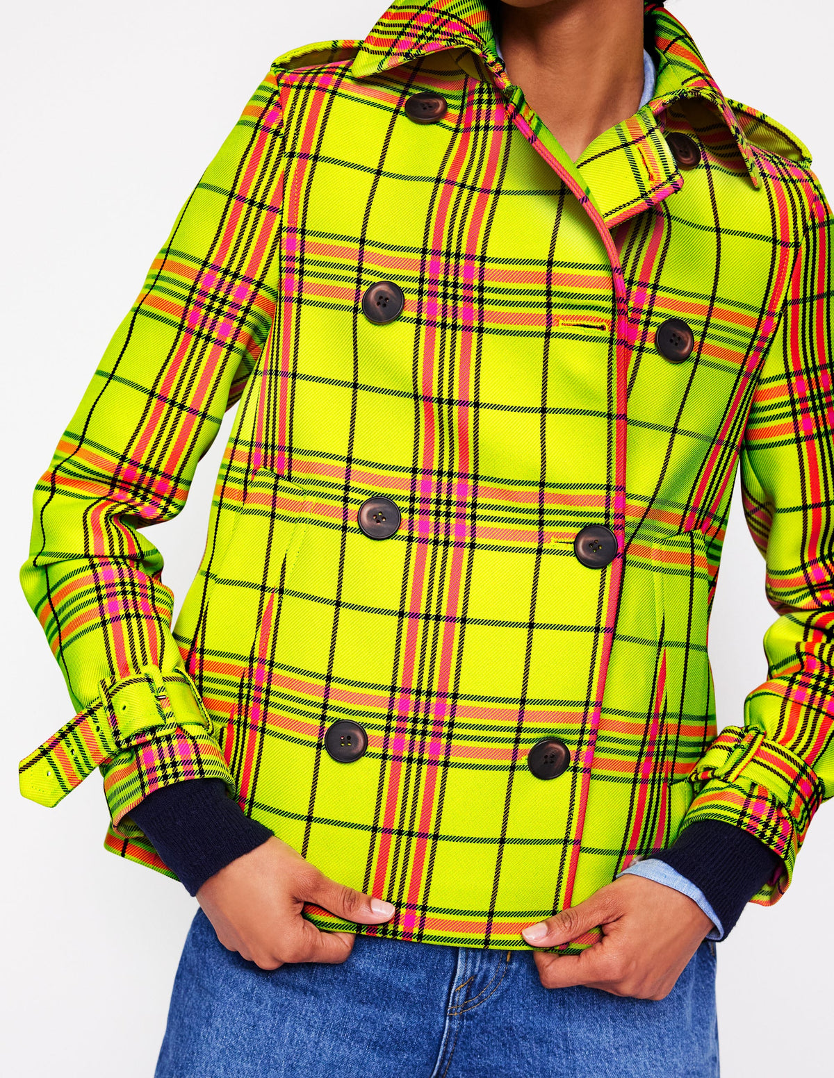 Mayfair Verkürzter Trenchcoat-Neongelb Kariert - Image 3