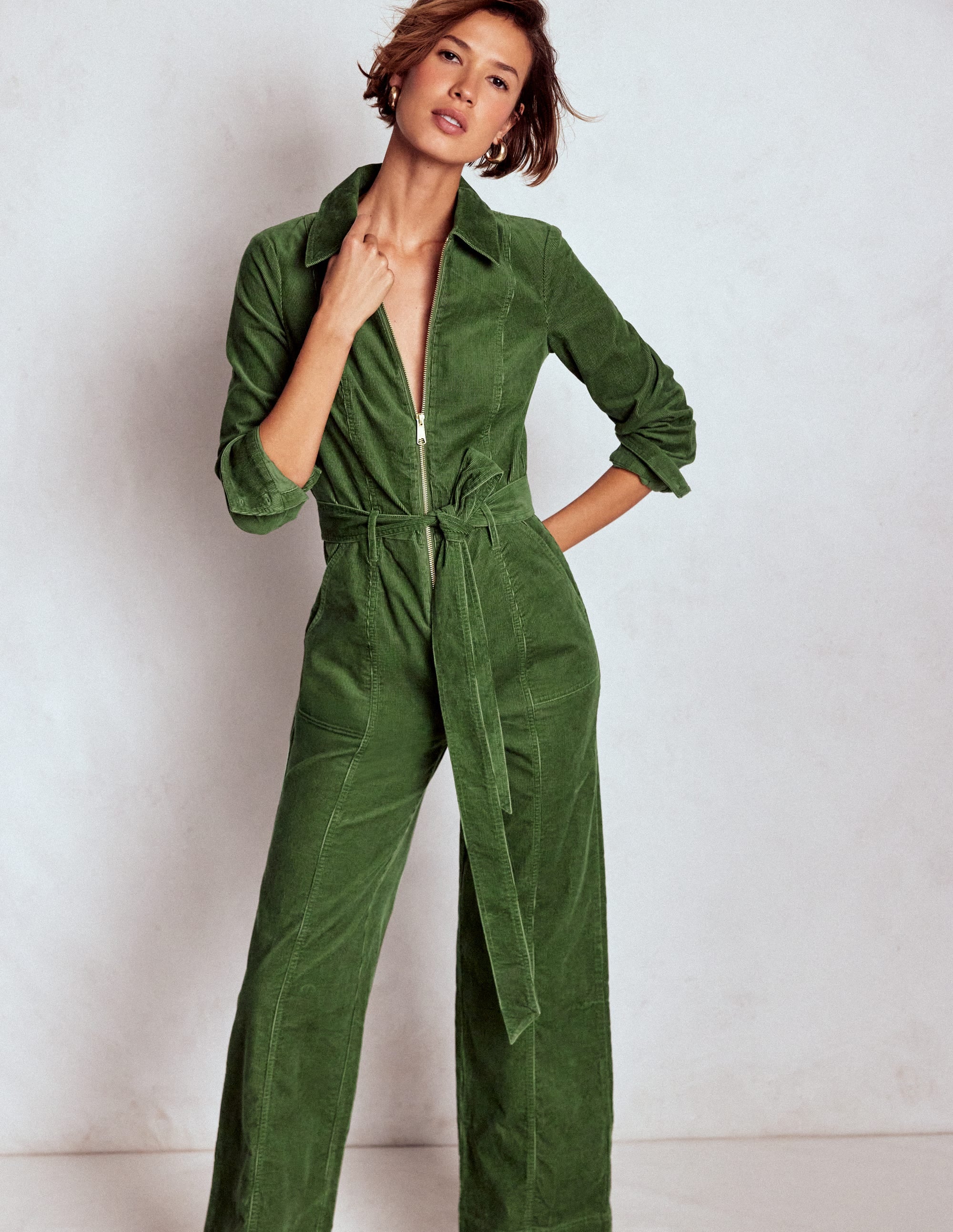 Langärmliger Cord-Jumpsuit mit Reißverschluss-Farn - Image 1