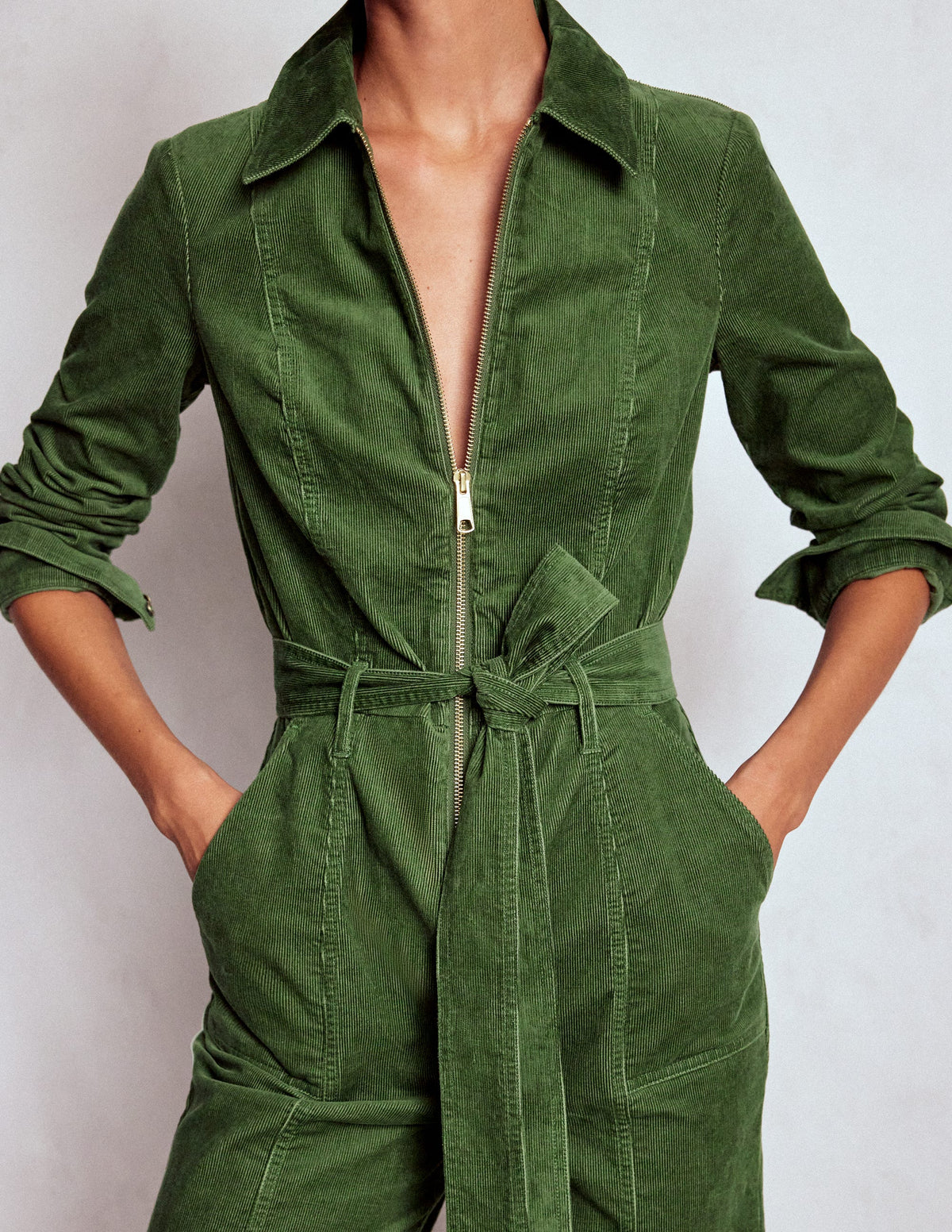 Langärmliger Cord-Jumpsuit mit Reißverschluss-Farn-2