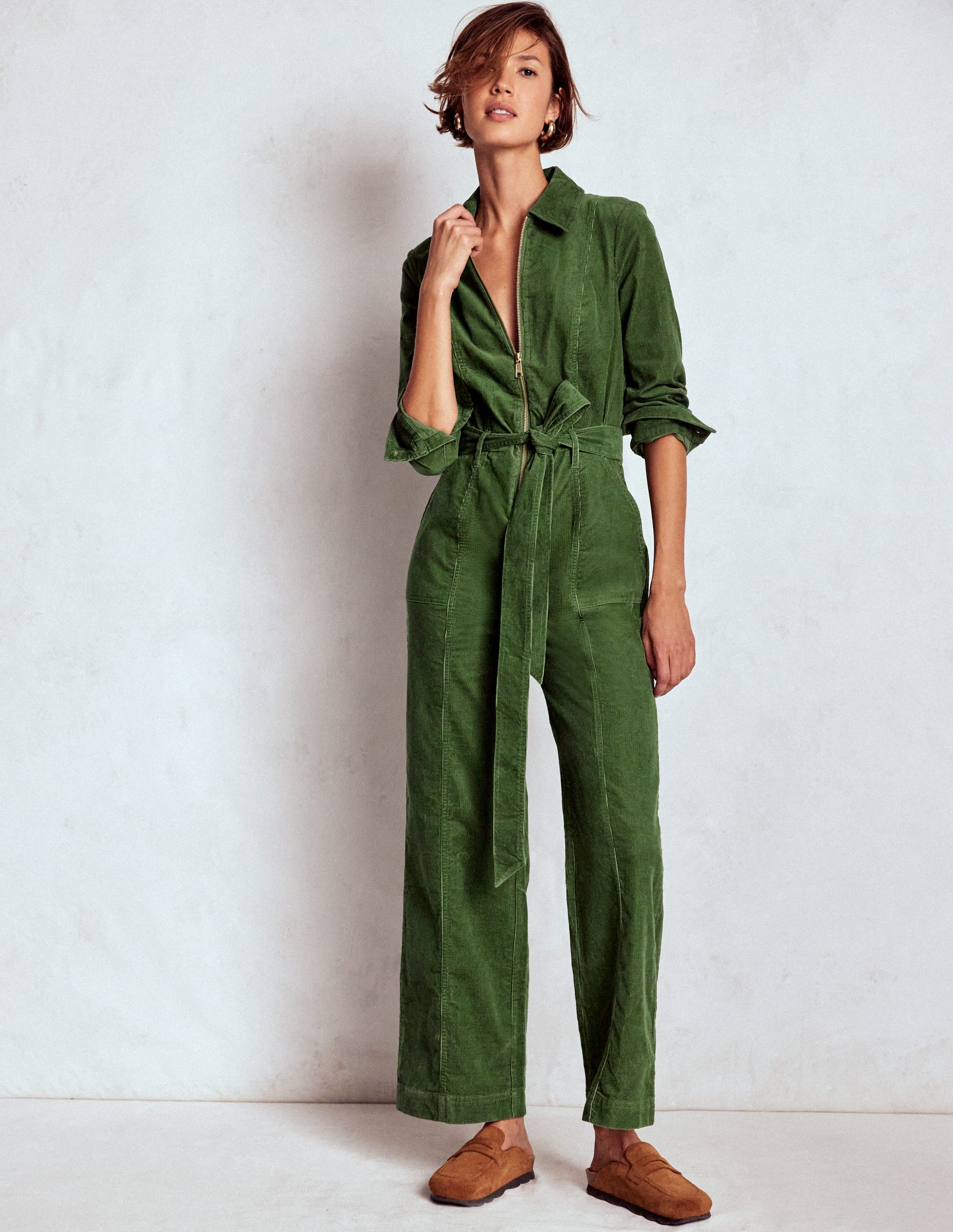 Langärmliger Cord-Jumpsuit mit Reißverschluss-Farn - Image 4
