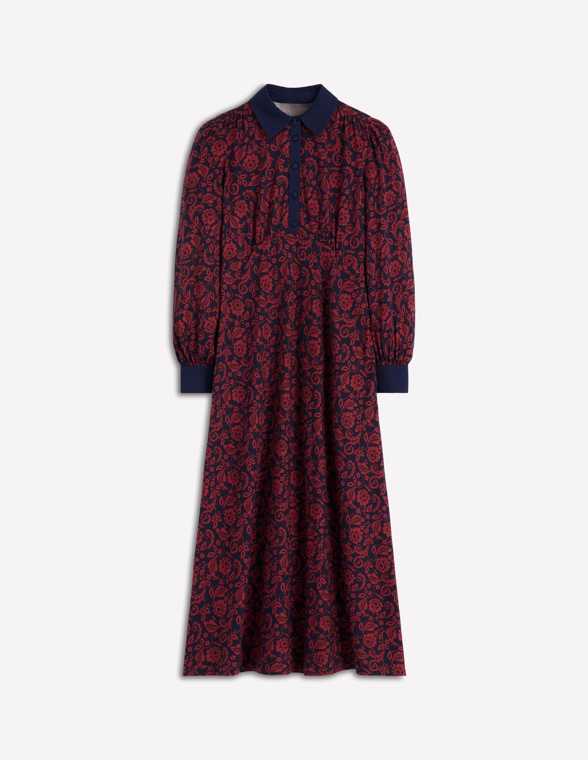 Hemdblusenkleid mit Empire-Taille-Rot, Blumenornamente - Image 6