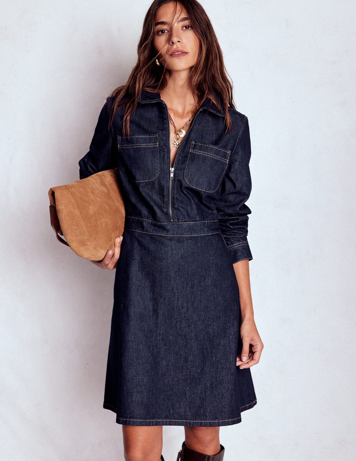 Schwingendes Denim-Hemdblusenkleid-Indigoblau, Denim - Image 1