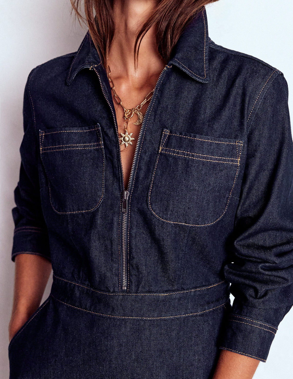 Schwingendes Denim-Hemdblusenkleid-Indigoblau, Denim-2