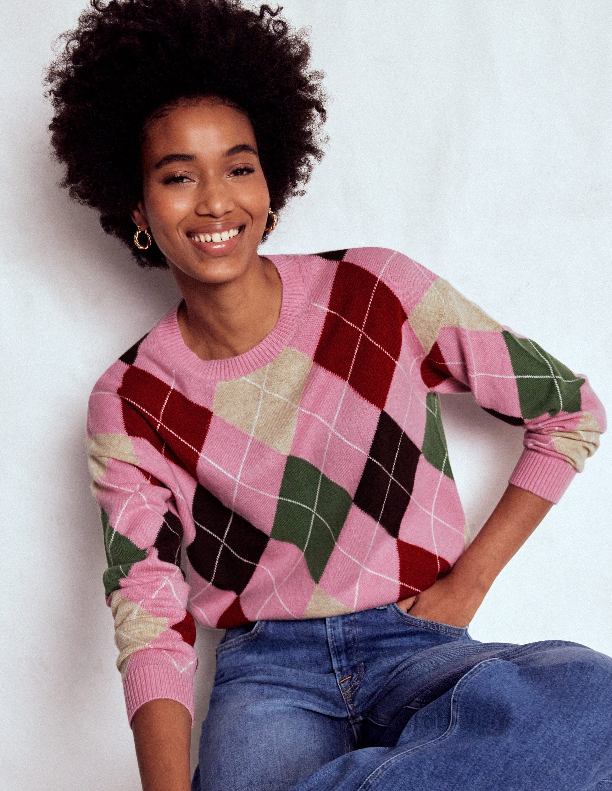 Lydia Kaschmirpullover-Rosa, Braun und Grün, Argyle-1