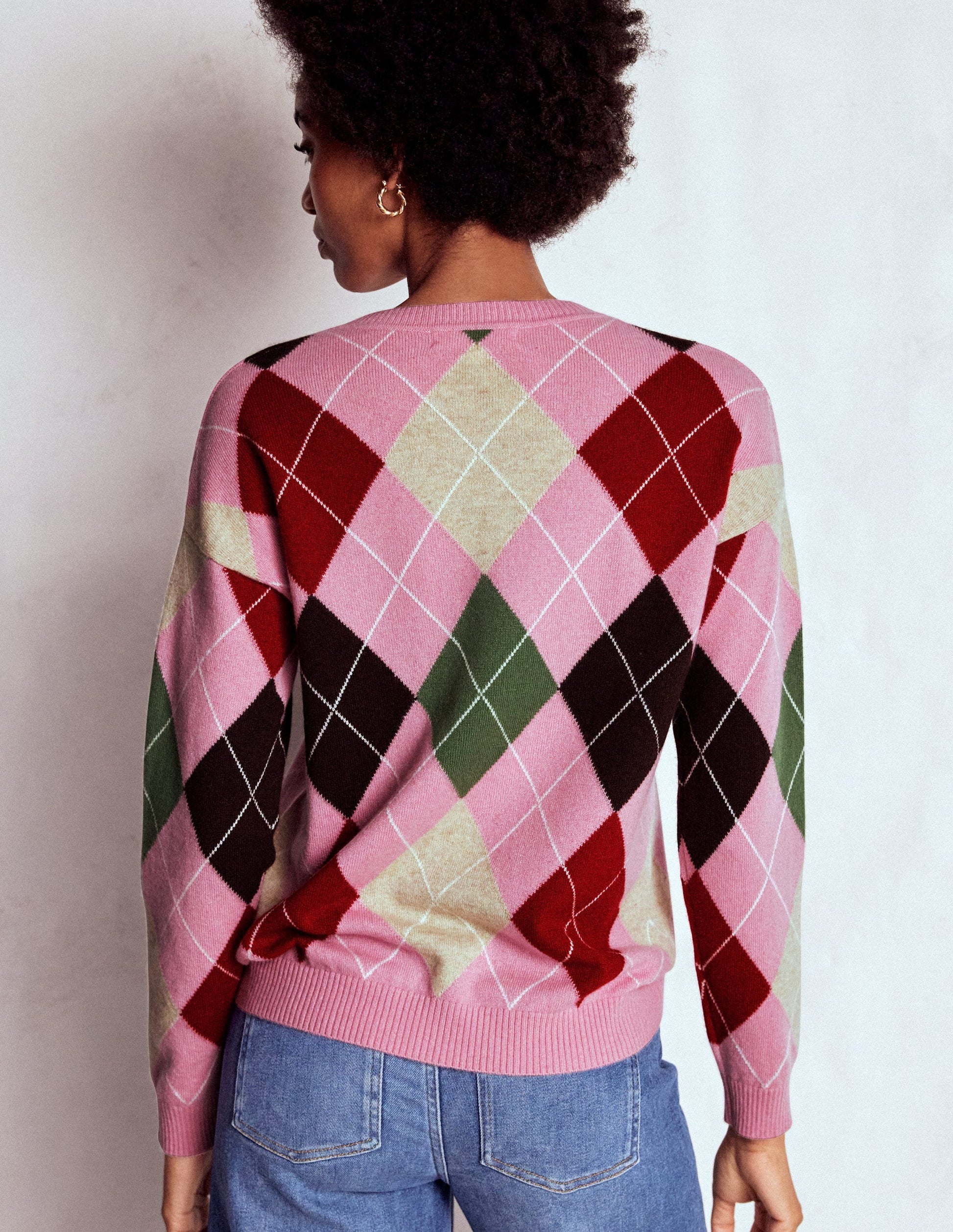 Lydia Kaschmirpullover-Rosa, Braun und Grün, Argyle-3
