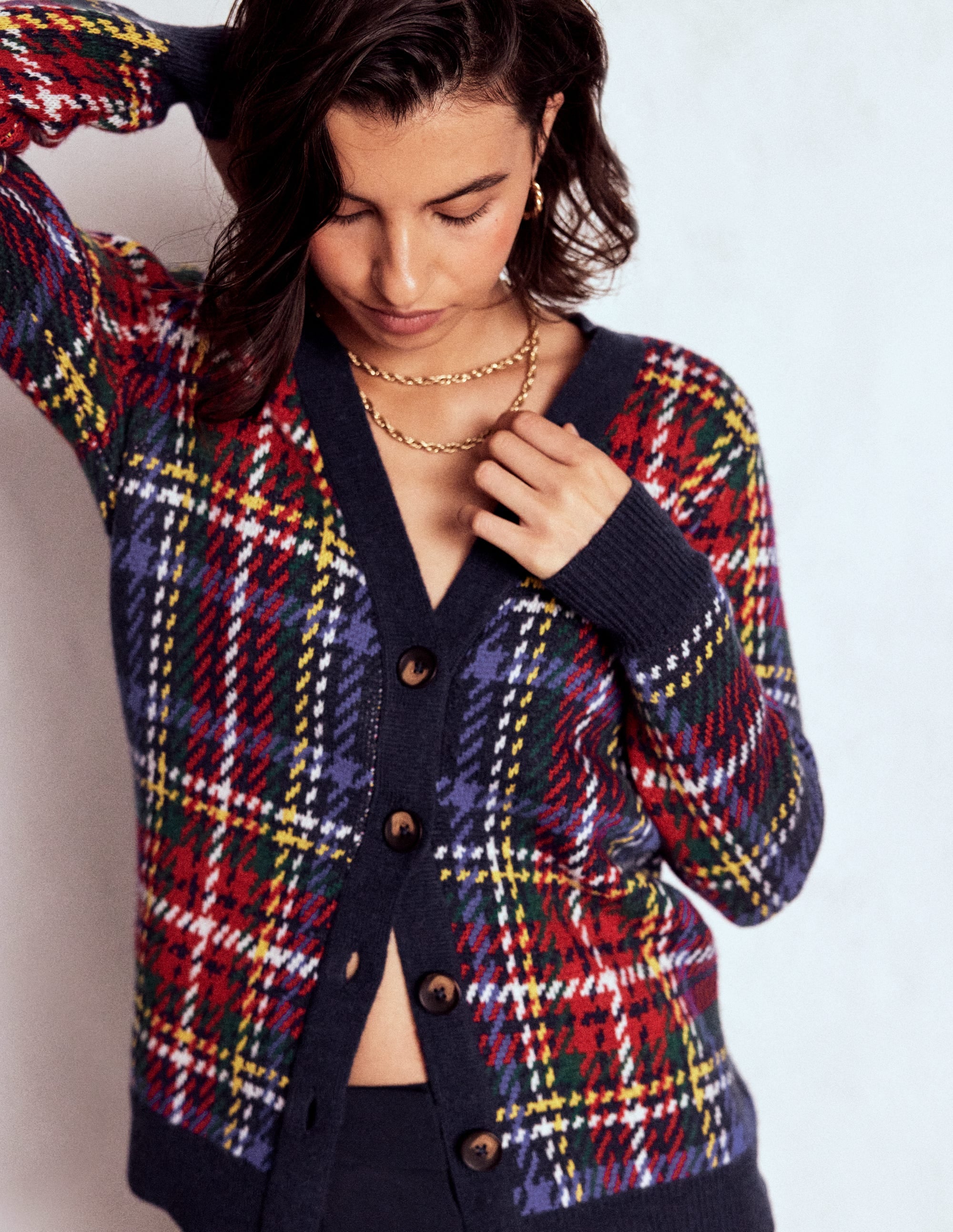 Quinn Boyfriend Cardigan-Navy, Green and Red Check - Image 5