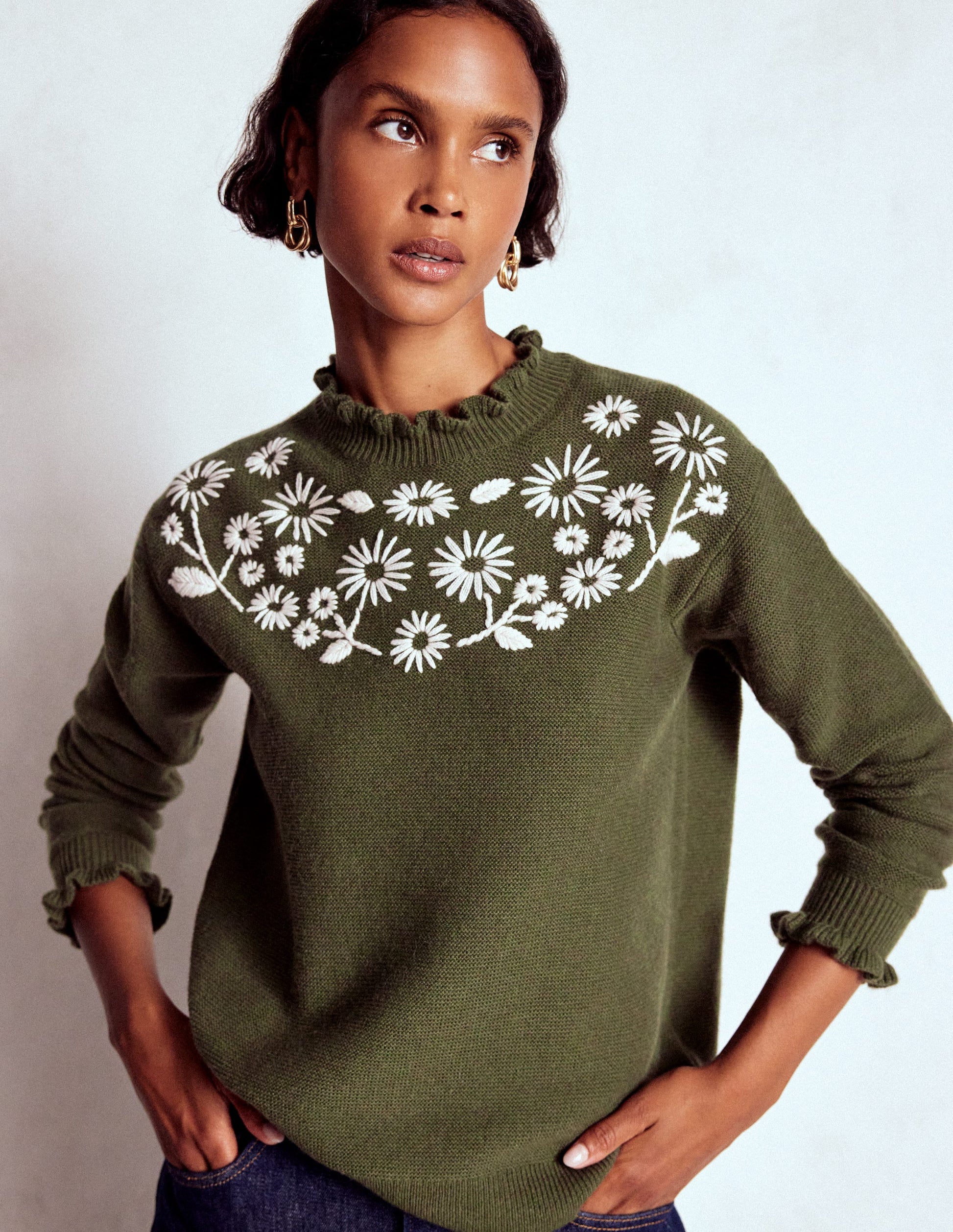 Bestickter Rüschenpullover-Waldgrün Melange-2