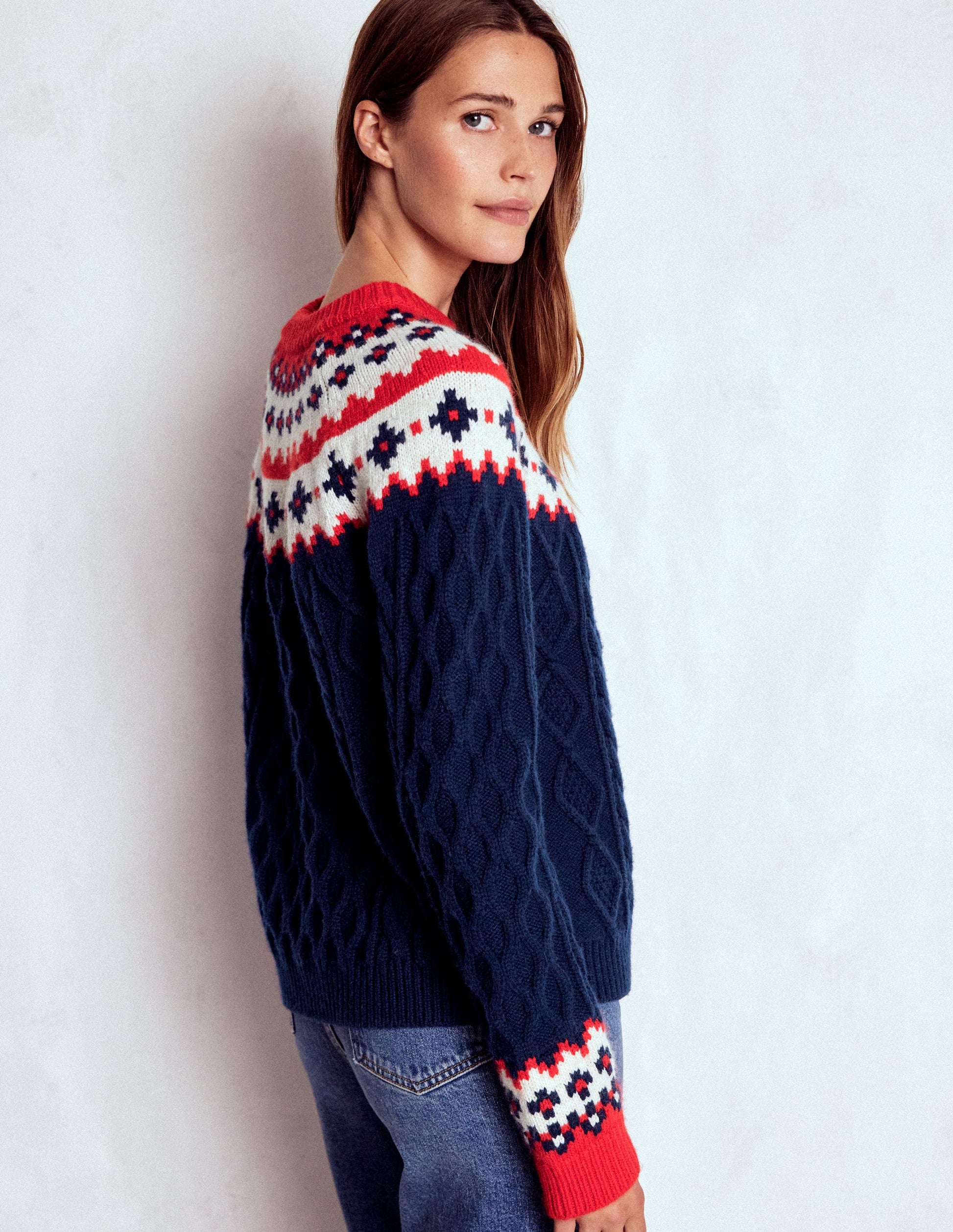 Eleanor Fair-Isle-Pullover-Marineblau Zopfmuster-3
